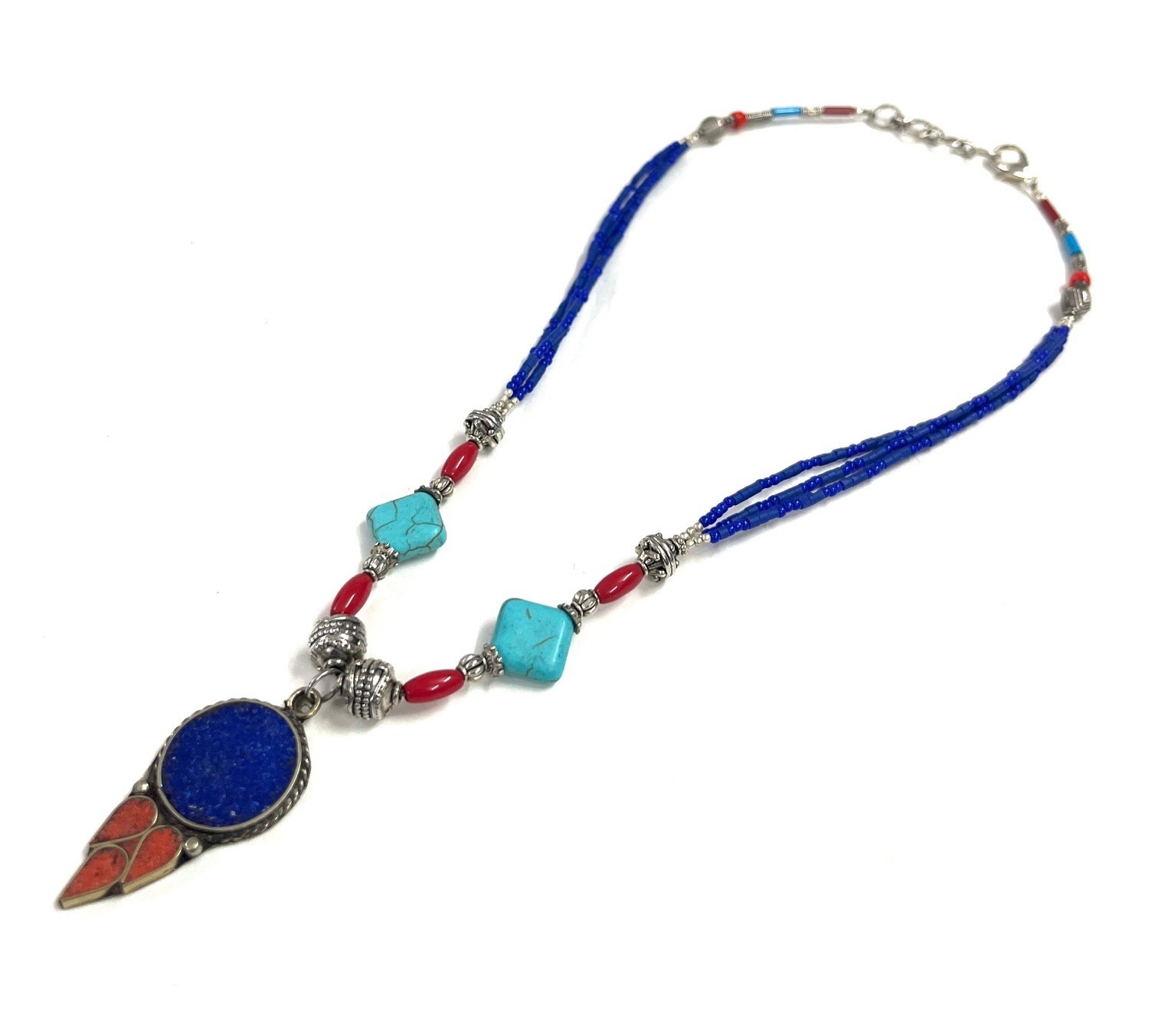 Lapis Turquoise Coral Gemstone Tibetan Traditional Necklace Jewelry, 18 Inc Adjs