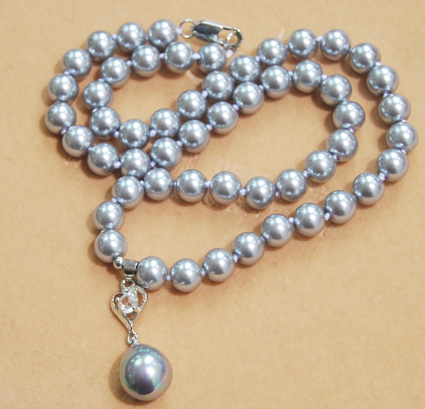 Long 16″-24″ 8mm Gray Shell Pearl Round Beads Drop Pendant(12x16MM) Necklace AAA