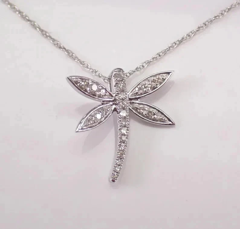 14k White Gold Plated 1.00Ct Round Simulated Diamond Dragonfly Pendant Necklace