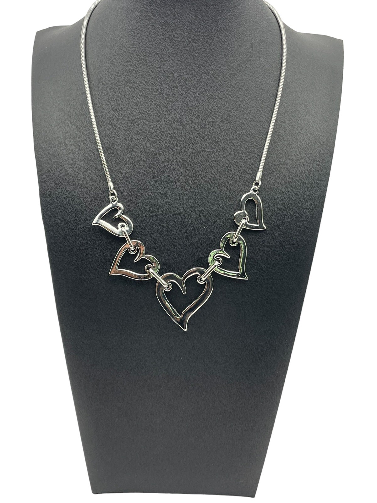 Open Heart Shiny Silver Tone Link Collar Necklace Adjustable Modern Contemporary