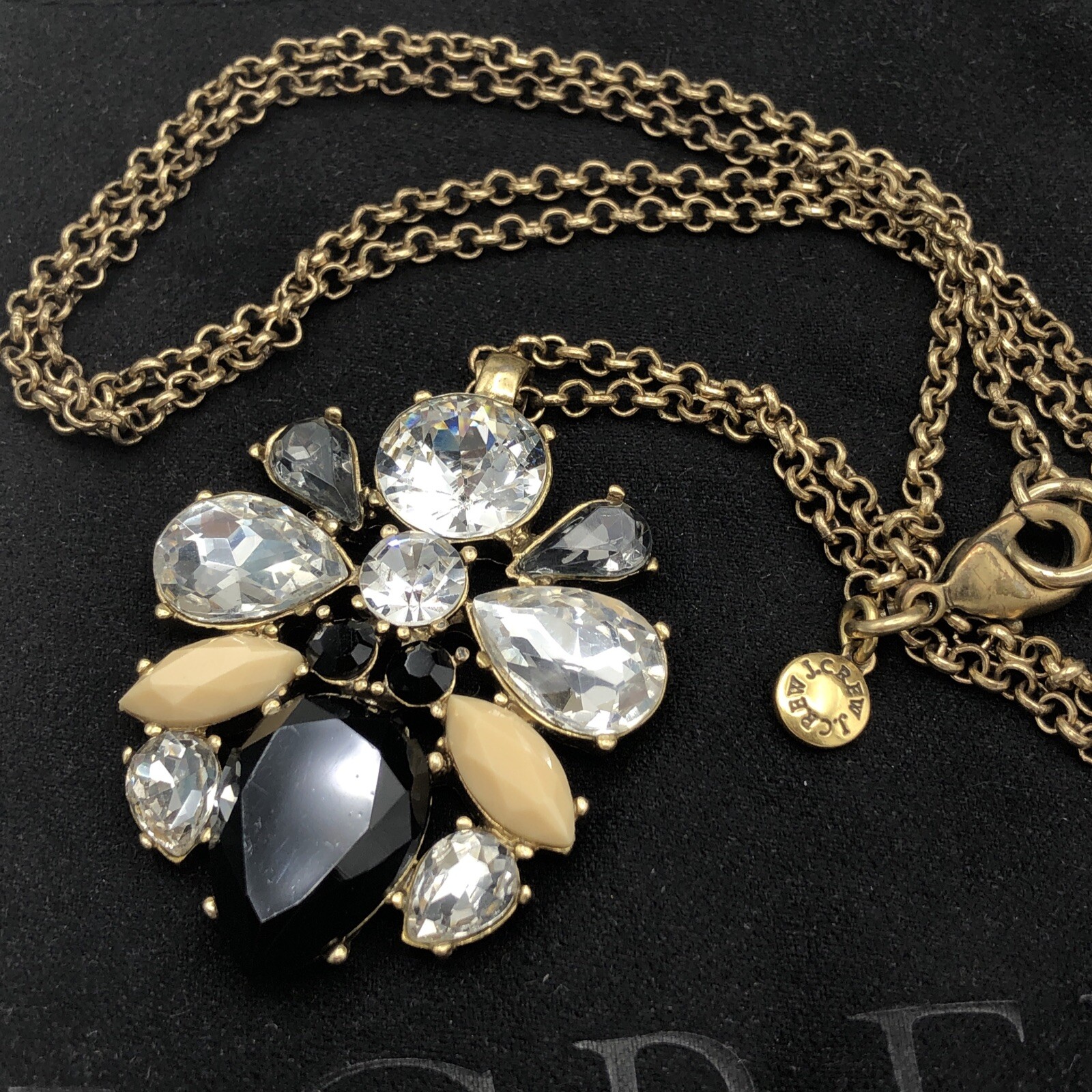 J CREW Pendant Necklace Neutral Crystals Black Clear Tan Antique Gold Tone w Bag