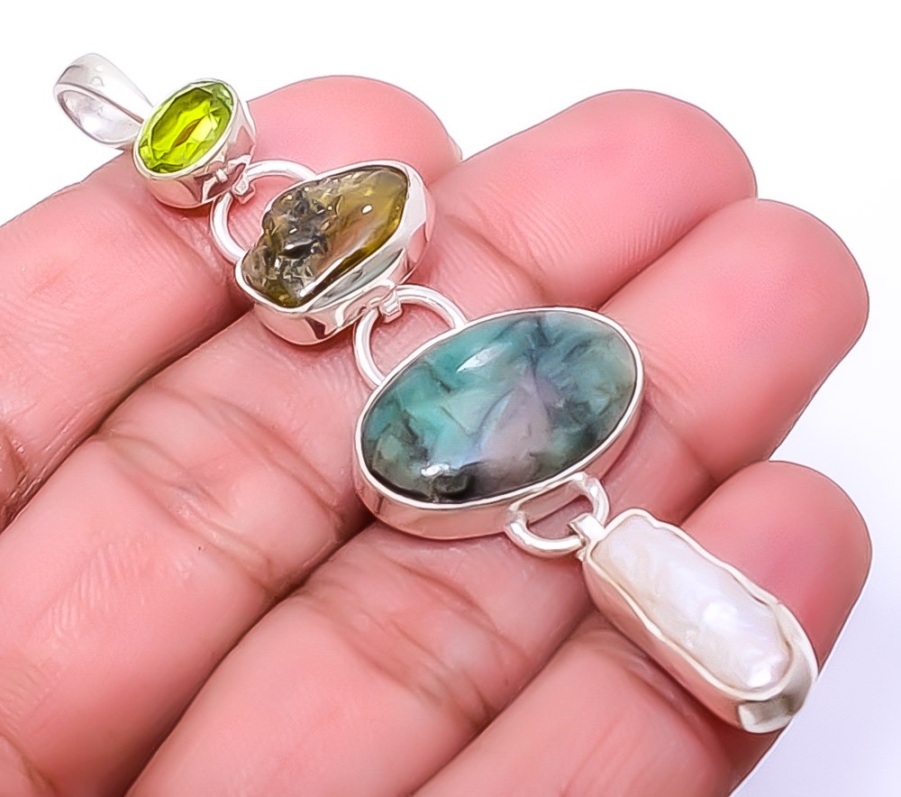 Emerald – Sakota Mines & Tourmaline (Simulated) 925 Silver Pendant 2.85″ A360