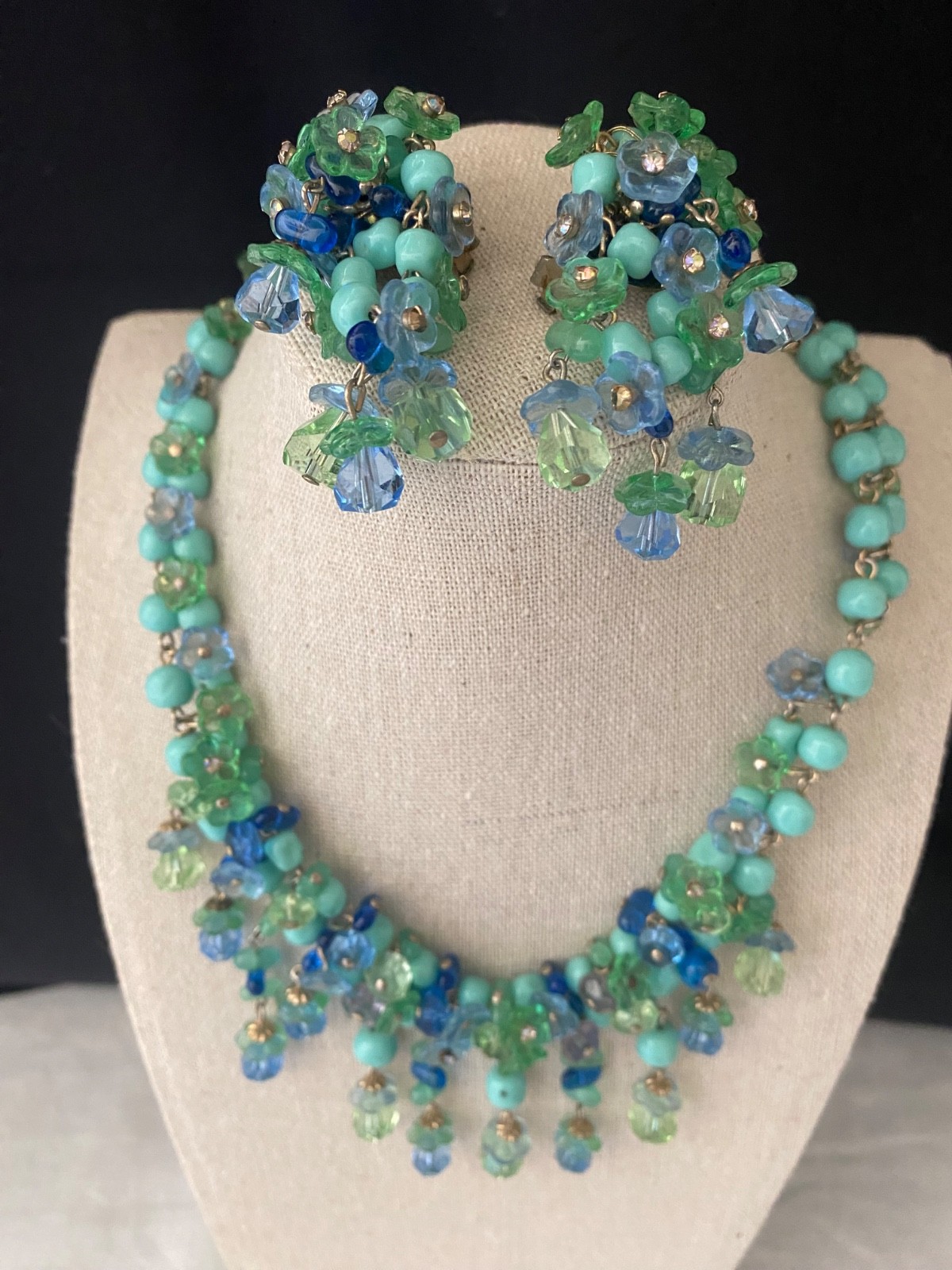 Vintage Mid Century Blue Green Glass Floral Necklace and Earrings Set Germany