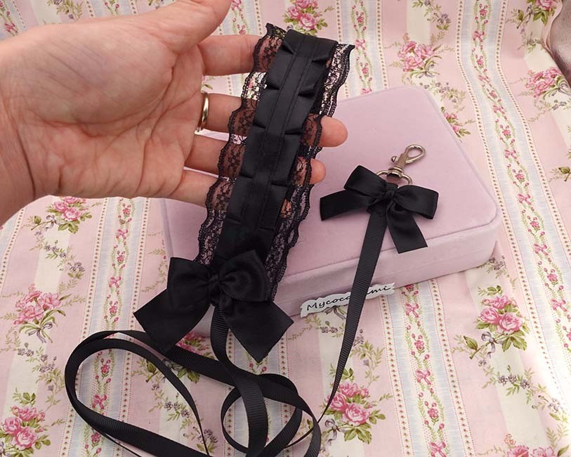 Black Lace Kitten Play Leash for Adults, Cute Bow Pet Play, Ruffled Submissive D