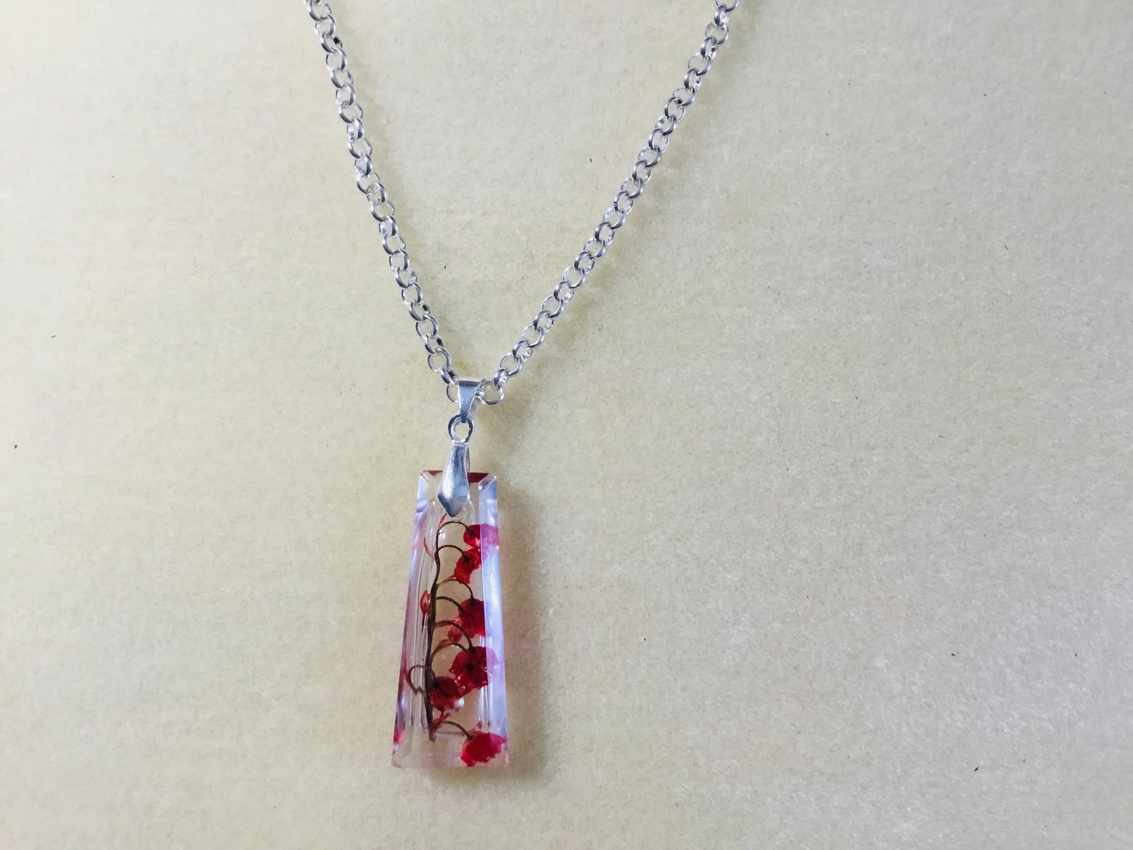 Lilies of the Valley Pendant Necklace, Red Floral Resin Jewelry, Real Flowers