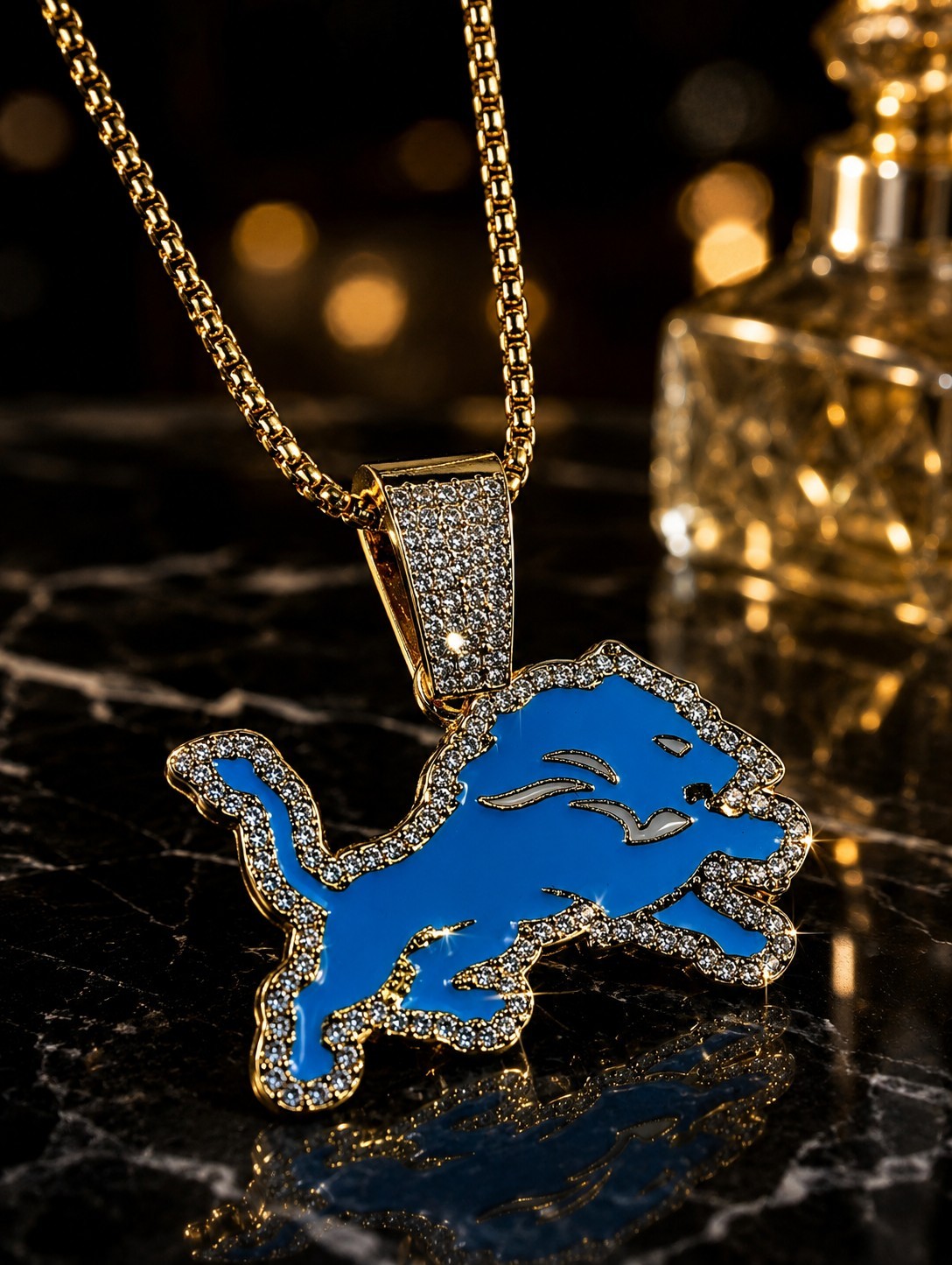 Blue Lion Football Fan Pendant Necklace Gold Tone Iced CZ Hip Hop Chain
