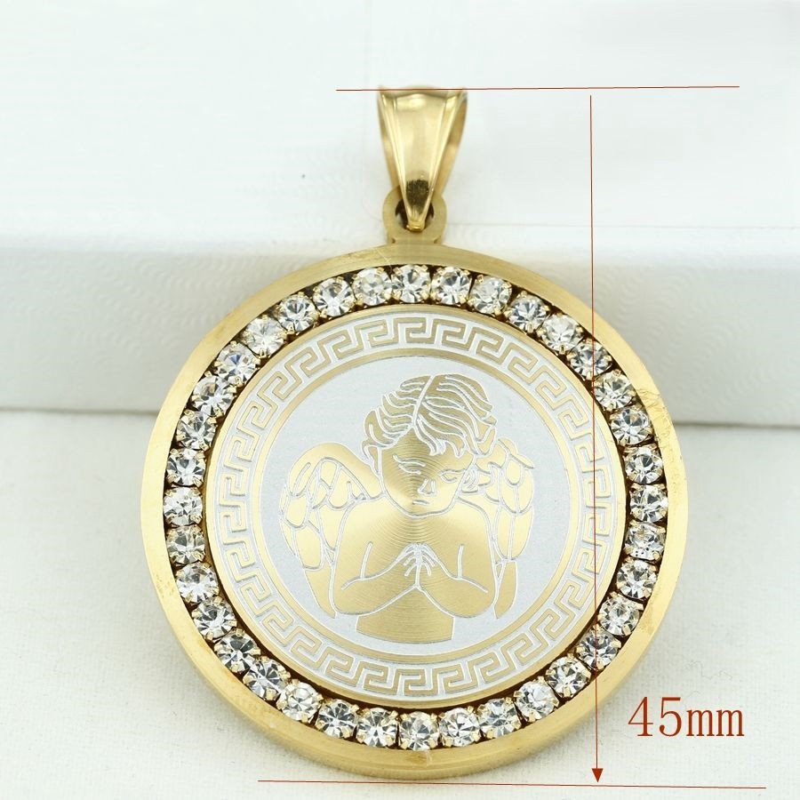 DG Men’s 24″ Stainless Steel Cuban Necklace 35mm CZ ANGEL Charm Gold plated*BOX