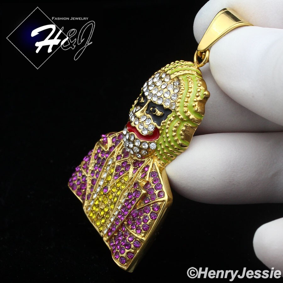 MEN’s Stainless Steel Icy Bling CZ Gold Plated Hip Hop Joker Pendant*GP139