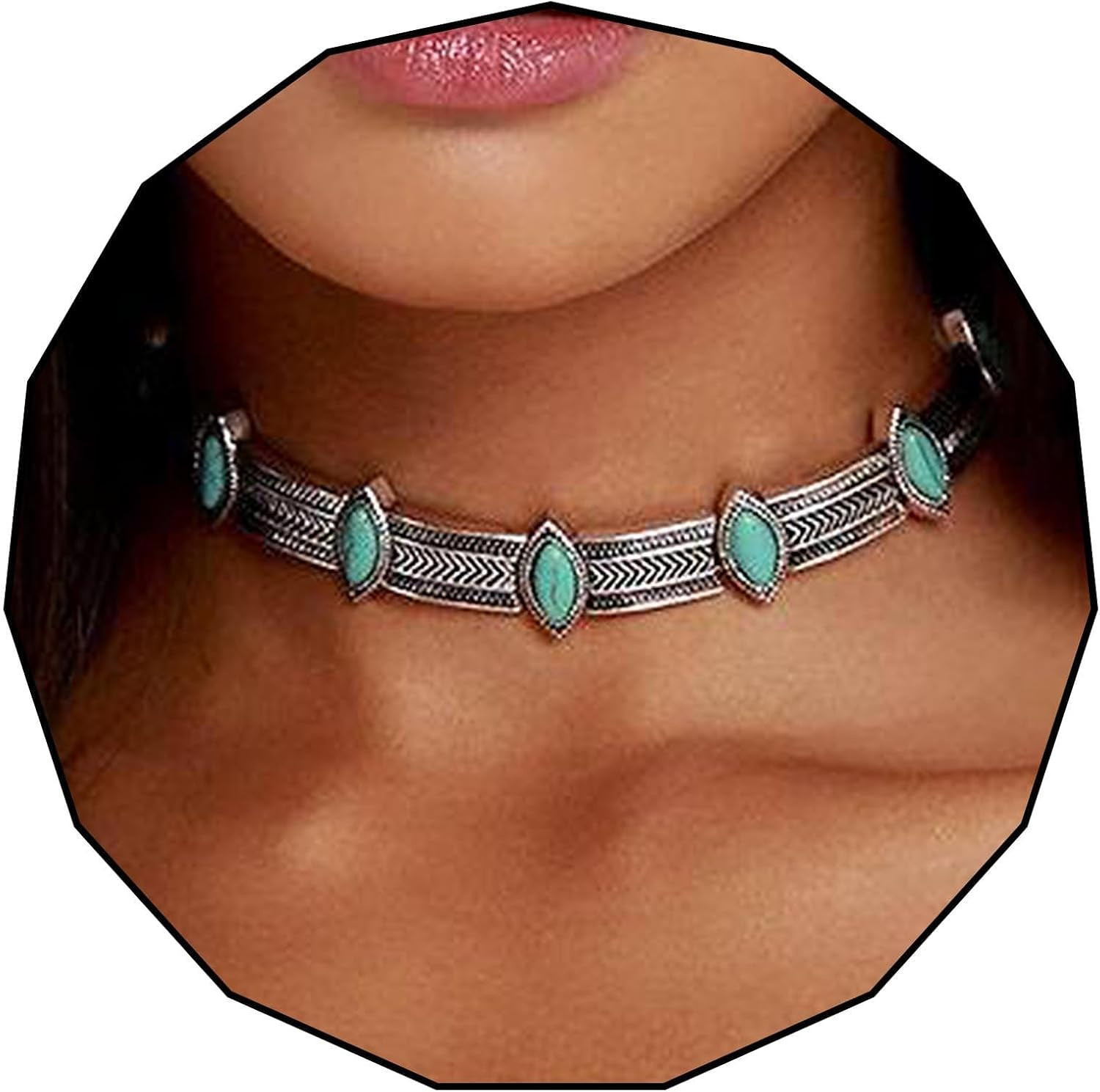 Turquoise Choker Necklace Women Boho Western Silver Tibetan Tribal Statement