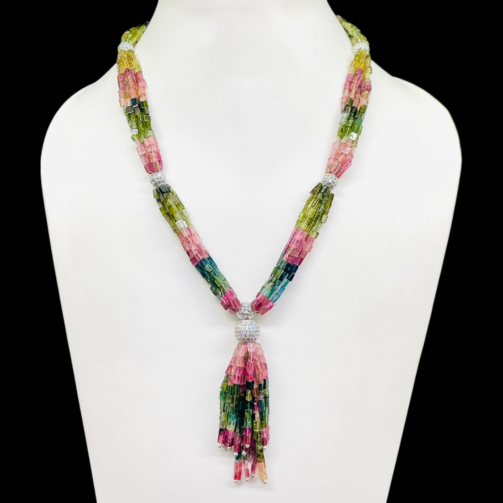 6 Strands Natural Tourmaline Octagon Beads Boutique Necklace 925 Silver Clasp