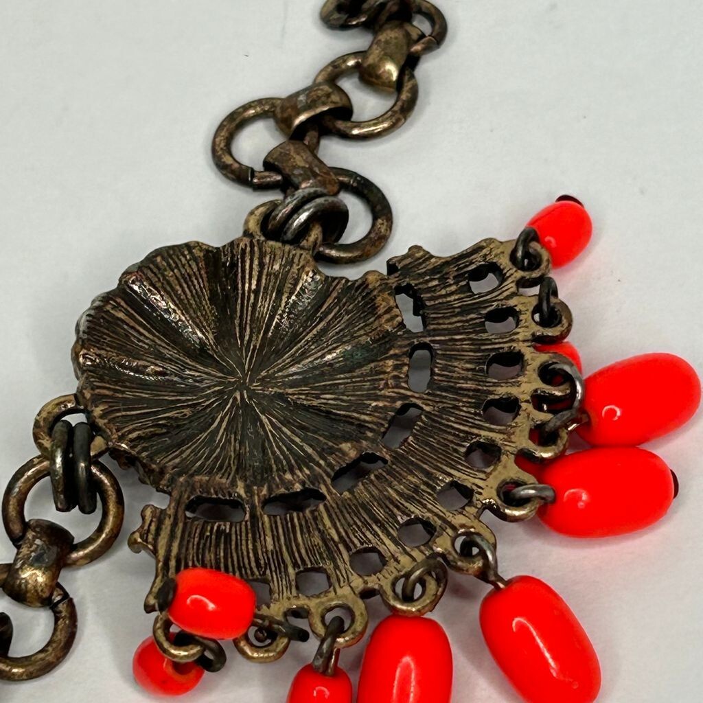 J Crew Necklace 18in +3 Brass Tone Neon Orange Bead Purple Crystals READ Flaw