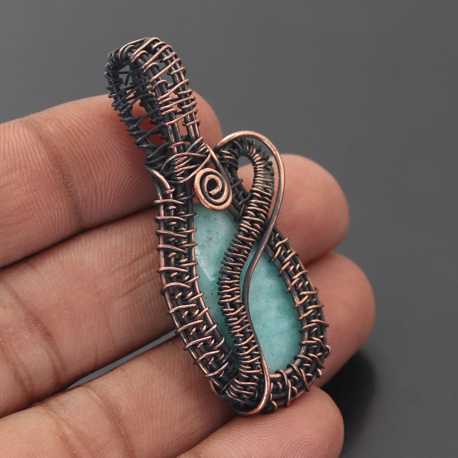 Amazonite Gemstone Copper Wire Wrapped Handmade Pendant Jewelry Gift For Her