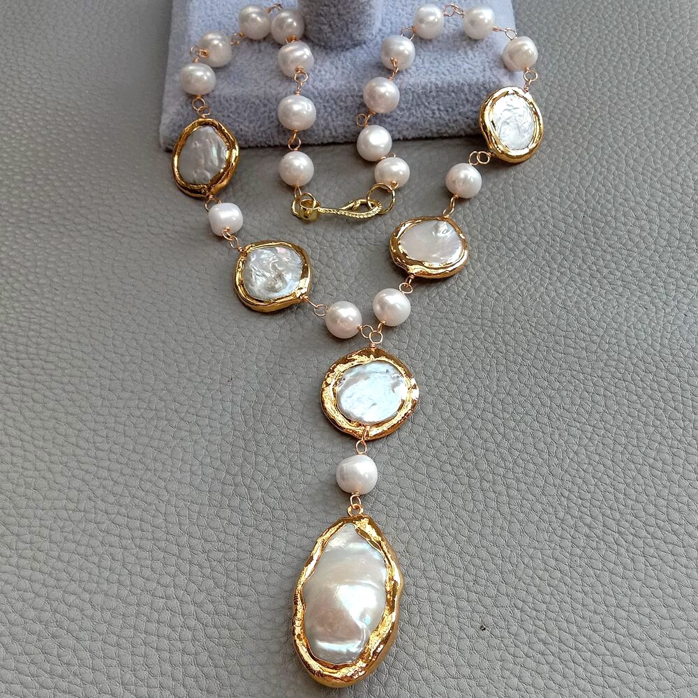 Cultured White Coin Pearl Potato Pearl Y-Drop Necklace Keshi pearl Pendant 20″