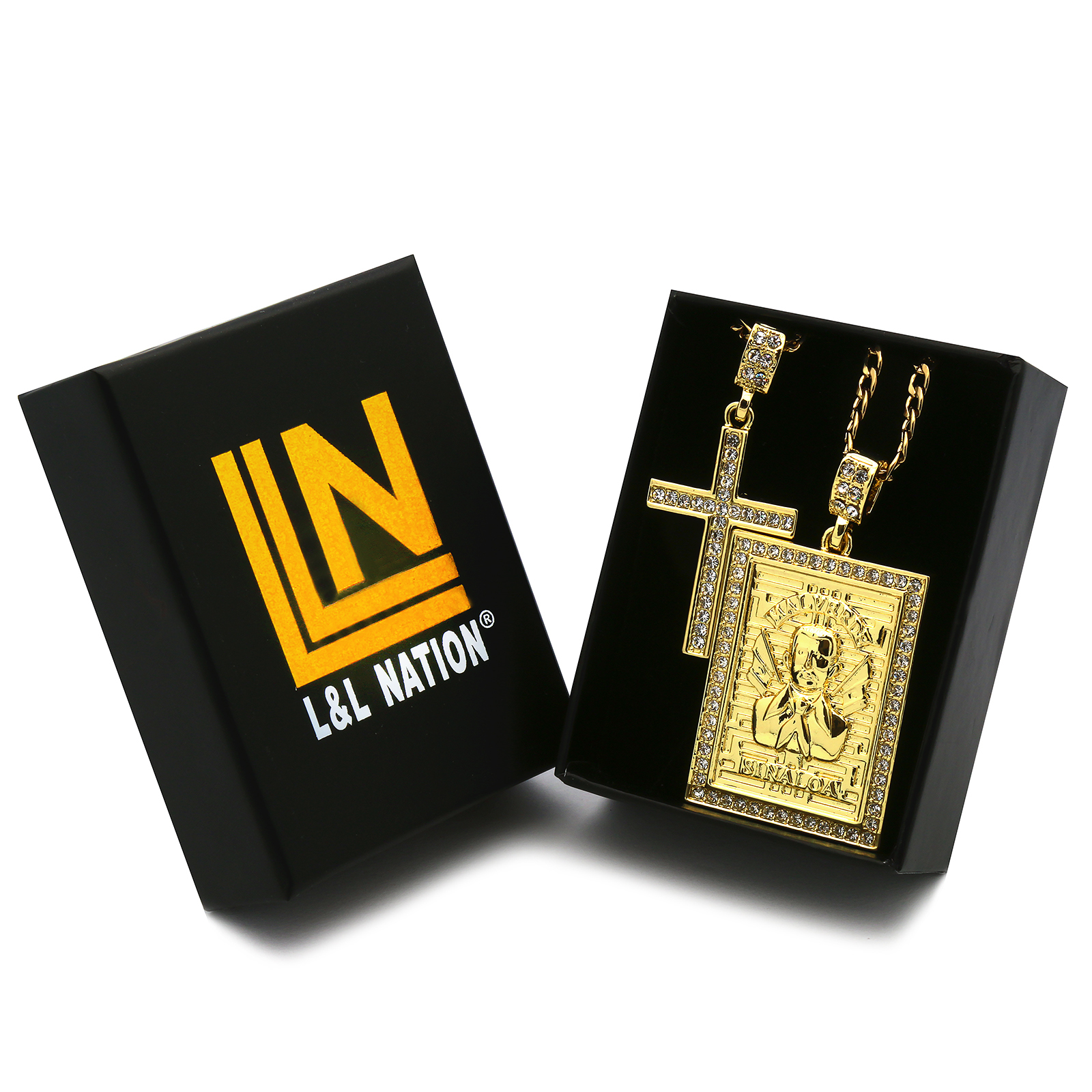 Gold Plated St.Steel Chain 24″/30″ Malverde & Cross Pendant Cubic Zirconia 56/8