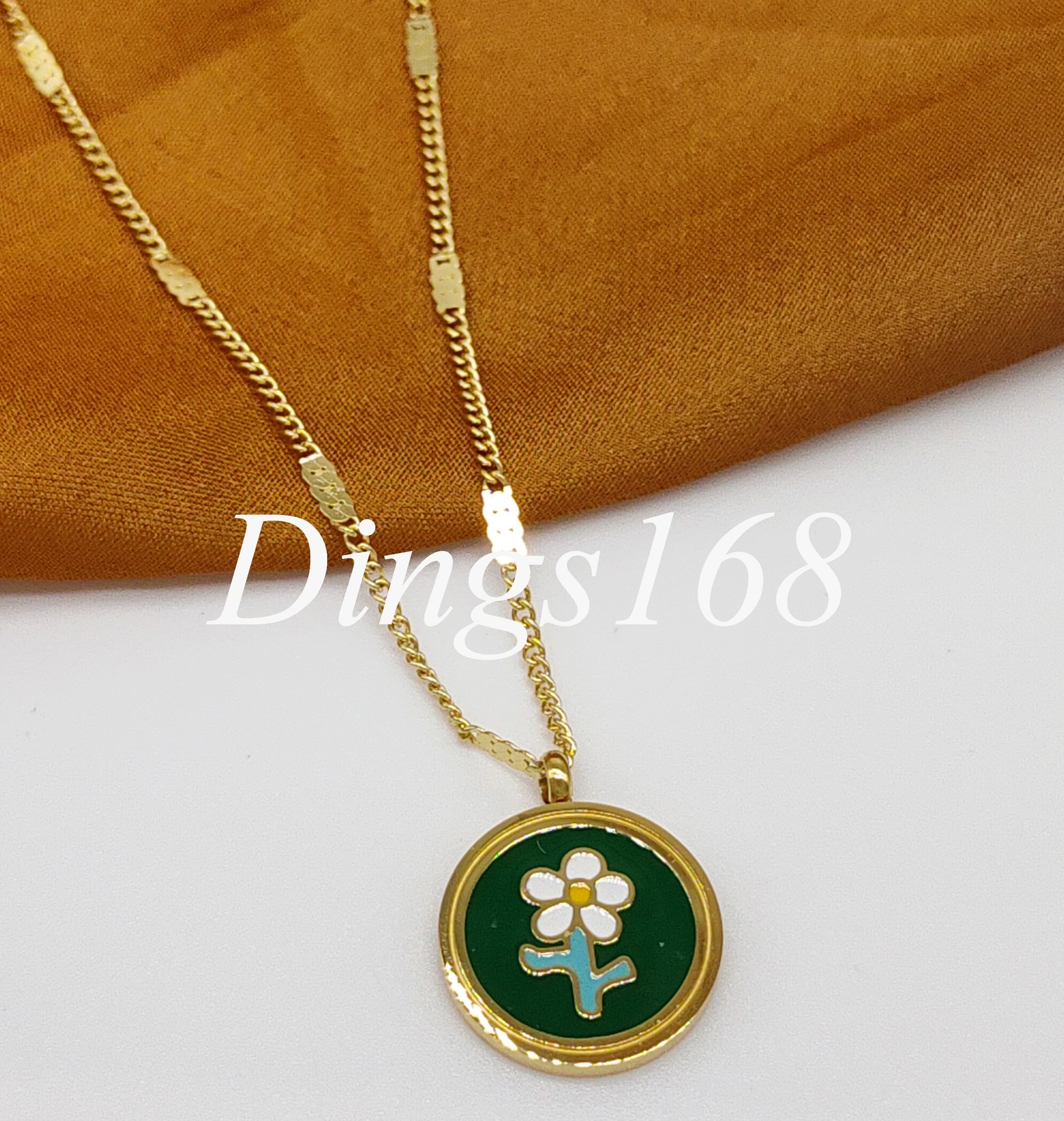 18K Yellow Gold Filled 15mm Green Flower Round 16″+2.4″ 1mm Rollo Chain Necklace