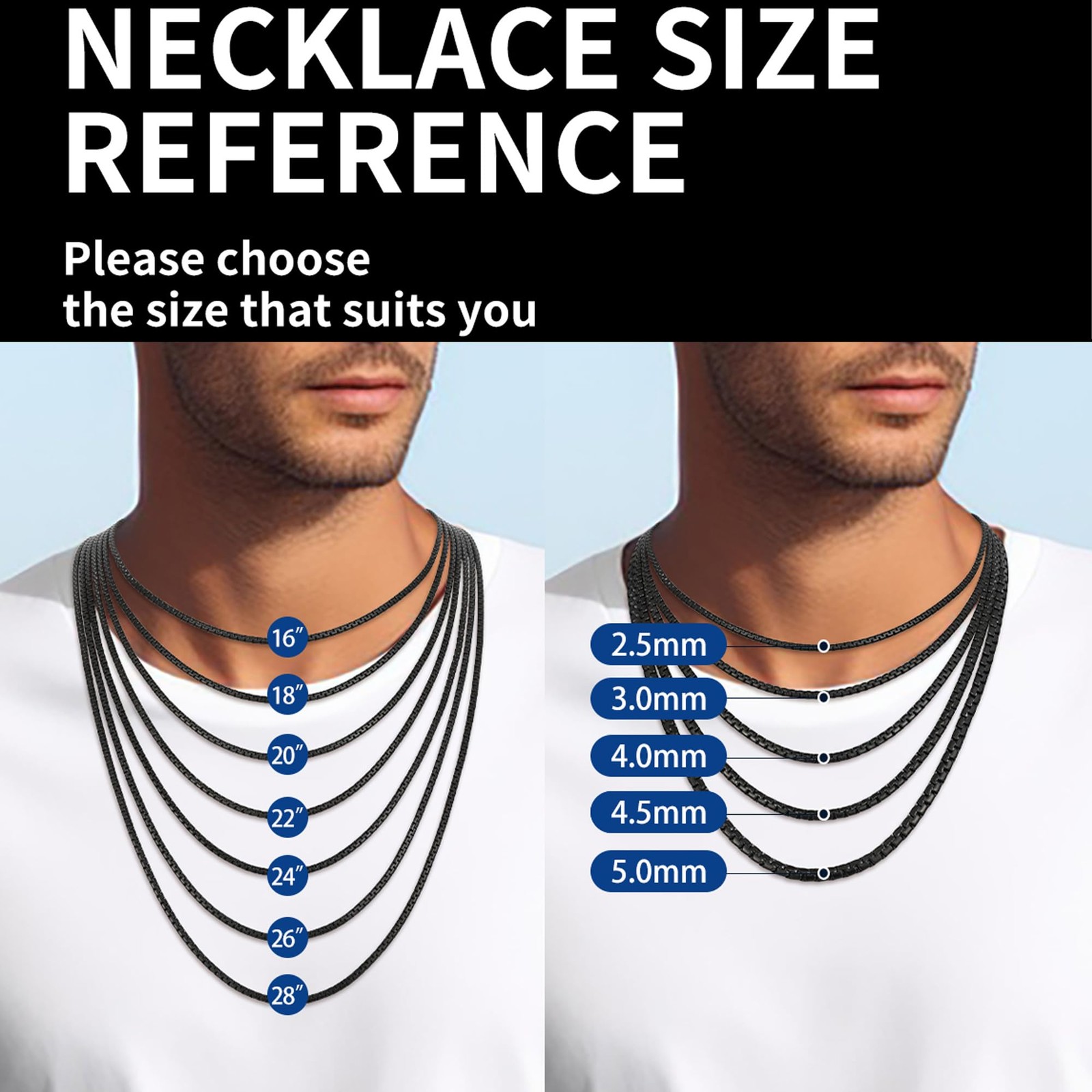 Black Flat Chains for Men, 2.5mm Stainless Steel Chain Necklace, Necklaces fo…
