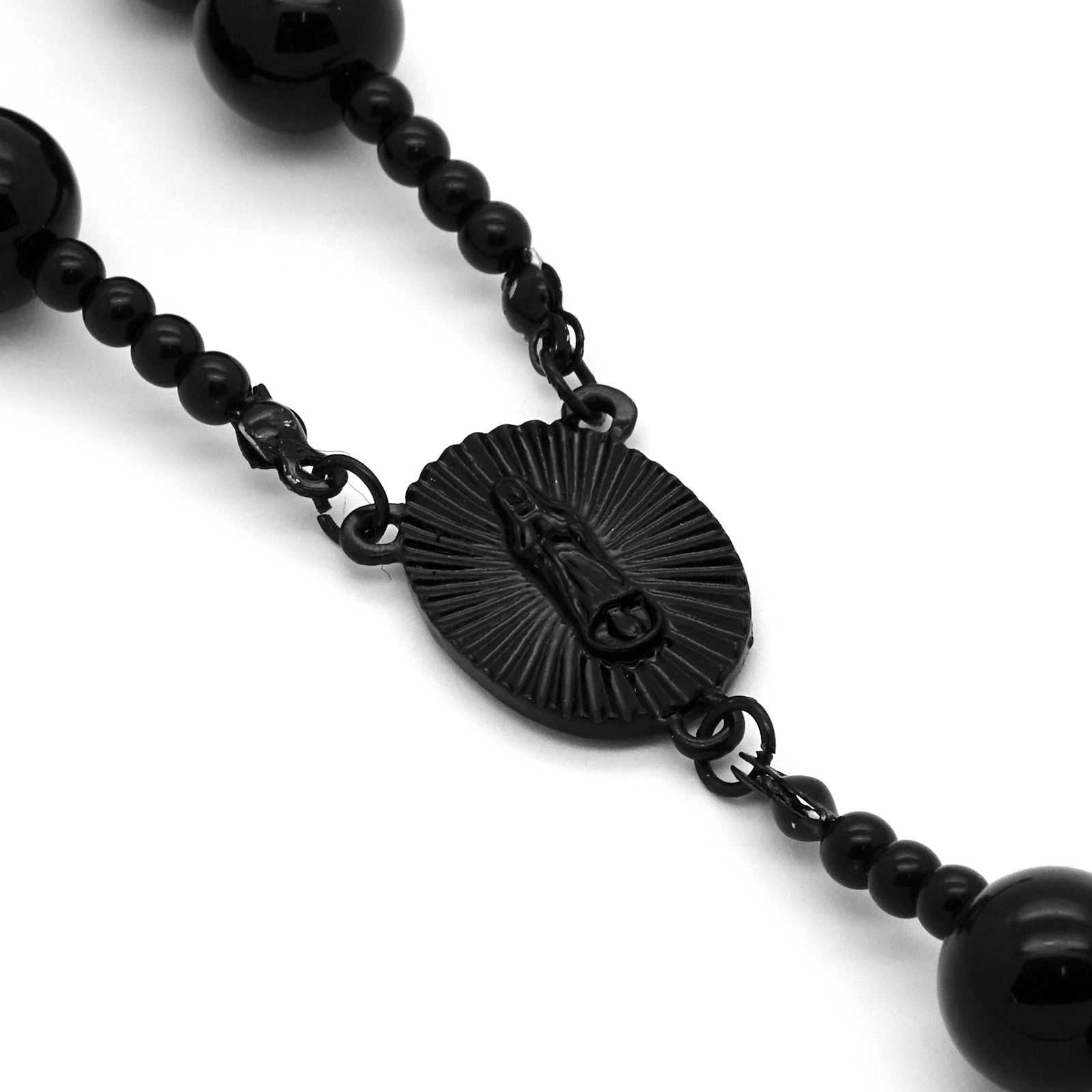 Men’s Hip Hop 15mm MATTE BLACK Beads Guadalupe Rosary & Jesus Cross Necklace BK