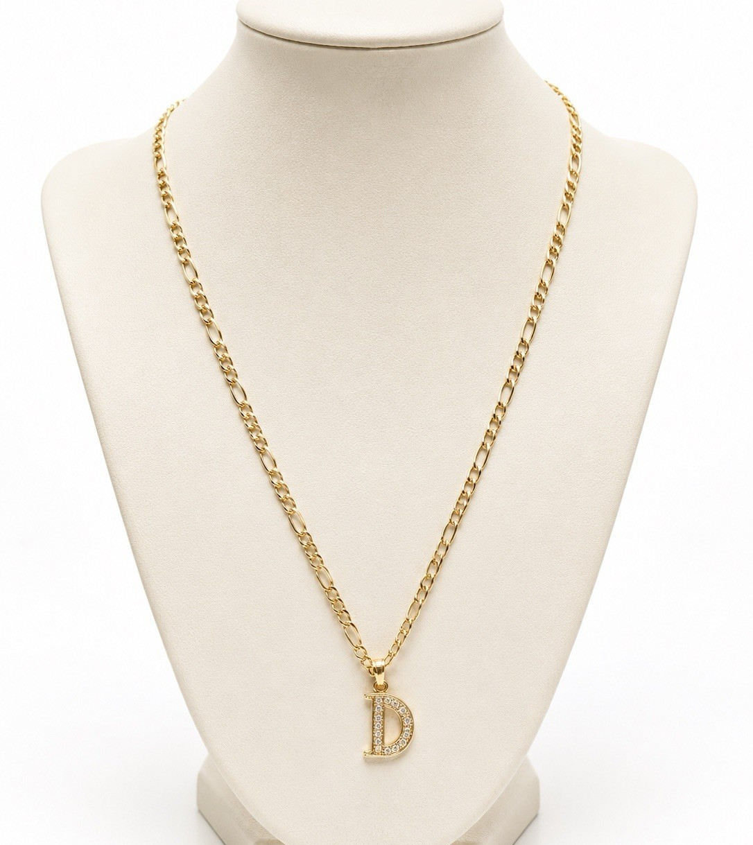 10K Gold Figaro Chain Necklace with 10K Gold Pavé Clear Cubic Zirconia Letter D
