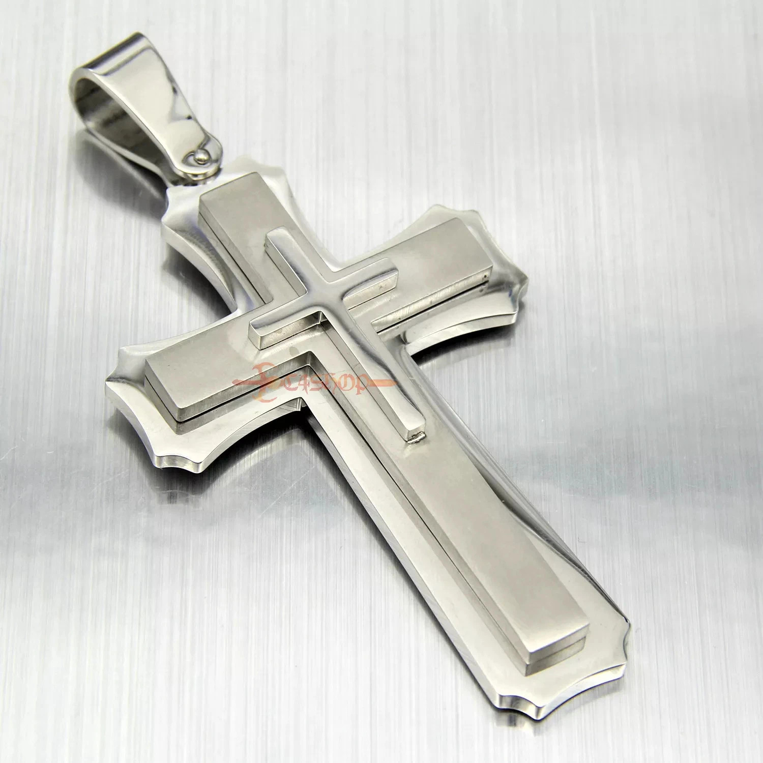 Huge Stainless Cross Men’s Necklace Pendant Heavy Large Silver Polished 3 Layer