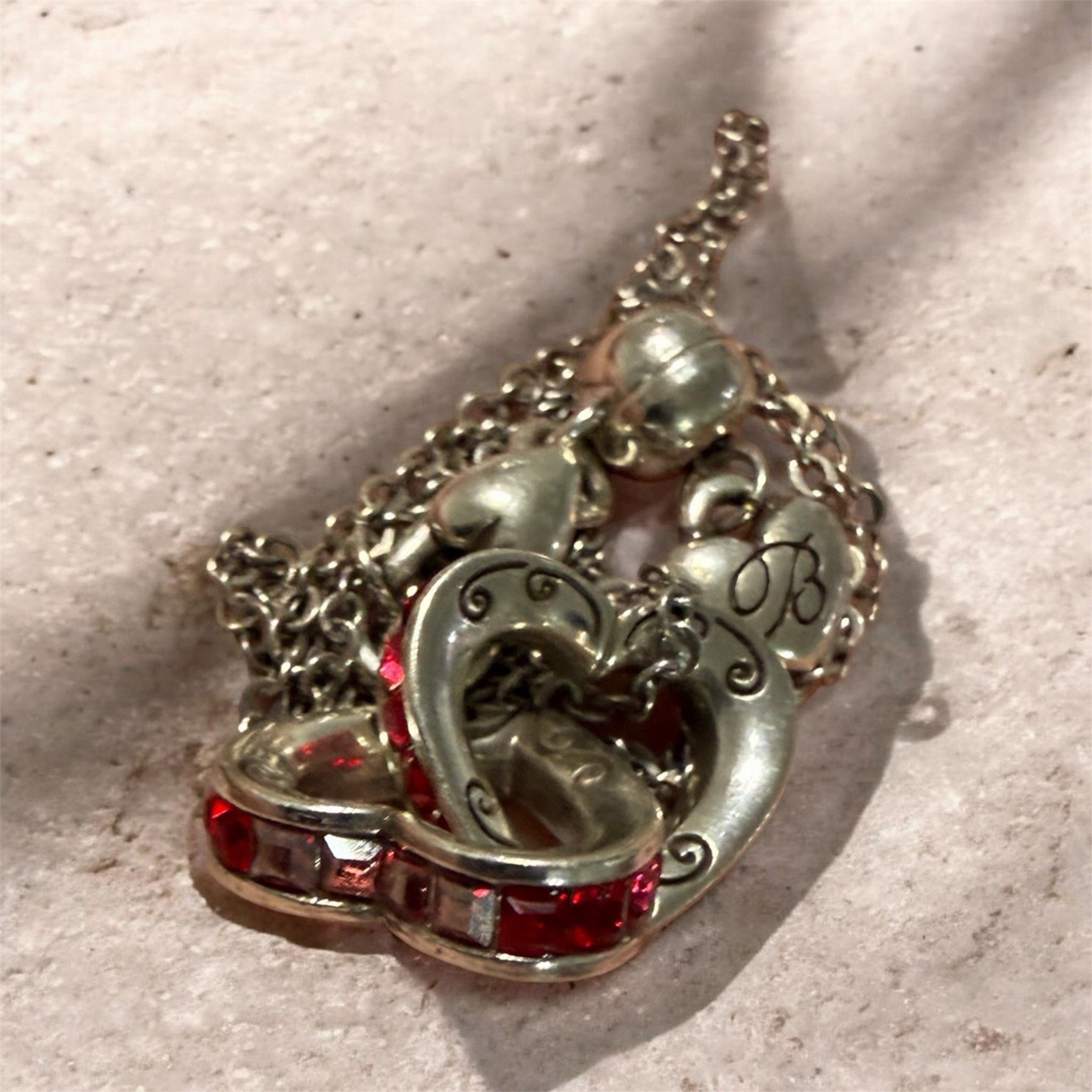 Retired Brighton Silver Plated Interlocking Heart Necklace Red & Clear Crystals