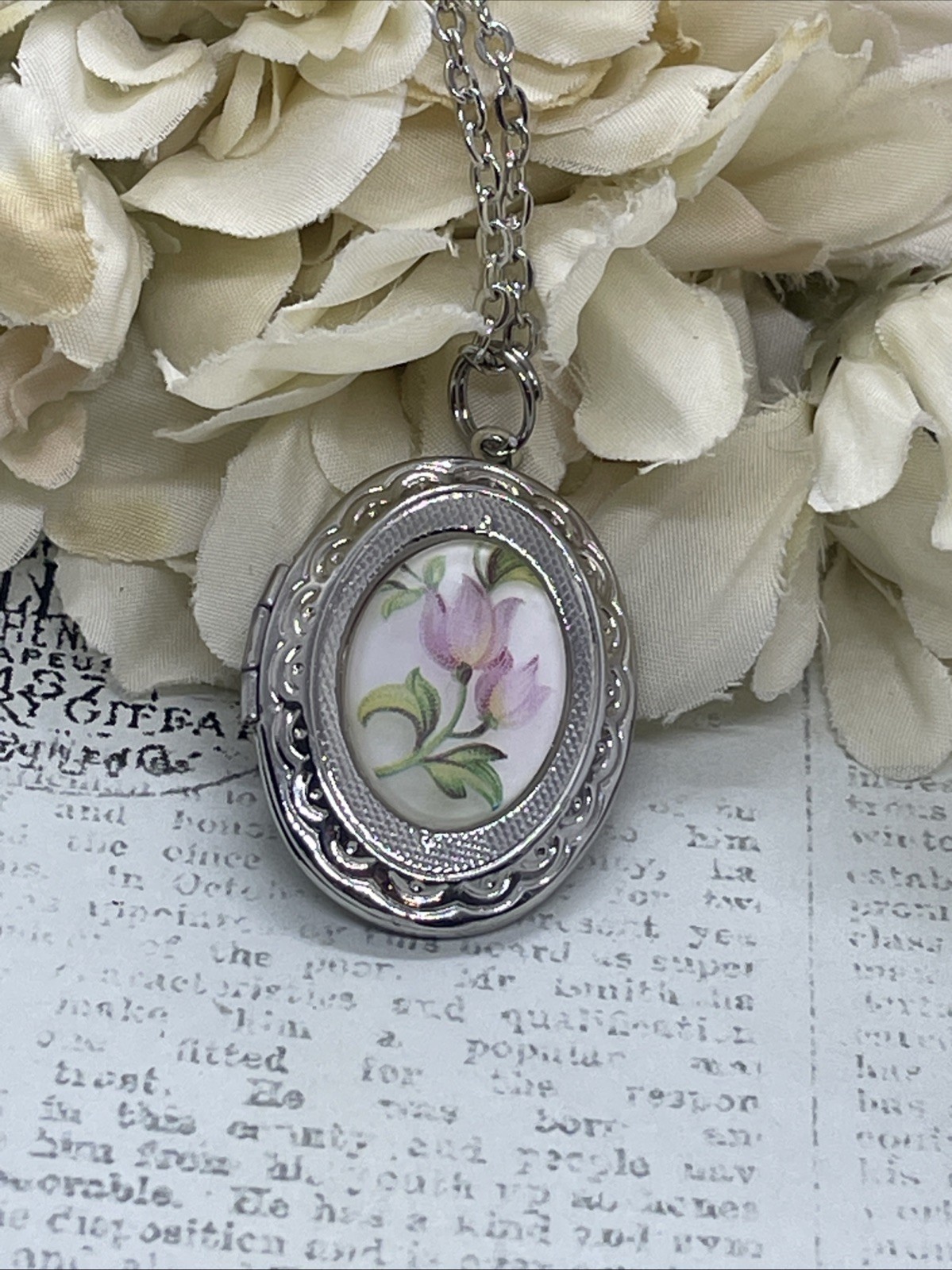 Pink Frosted Tulip Silver Photo Locket Necklace Bridal Gift Mom Wife Anniversary