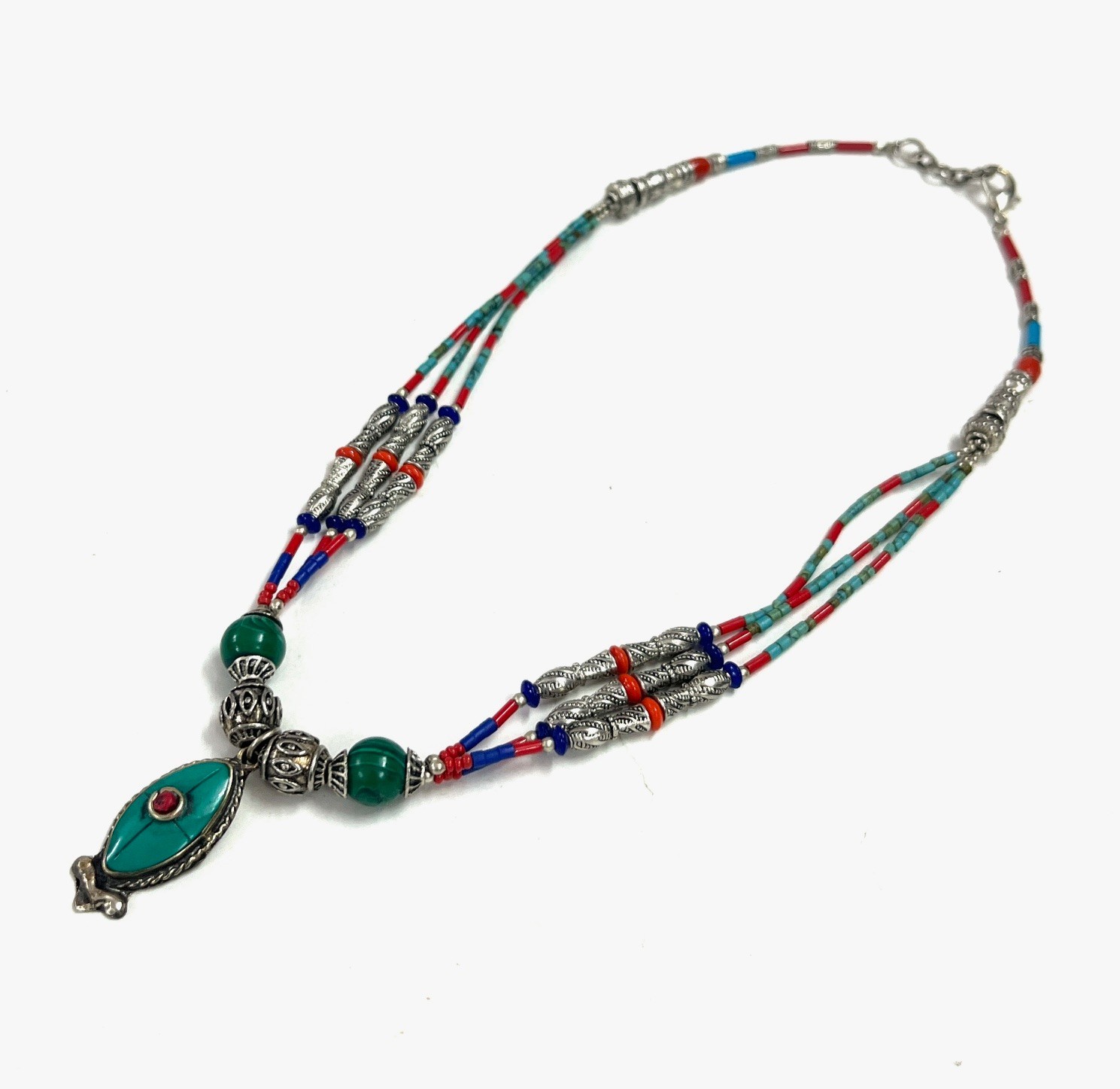 Ethnic Turquoise Coral Gemstone Tibetan Bohemian Necklace Jewelry, 16 Inch Adjs