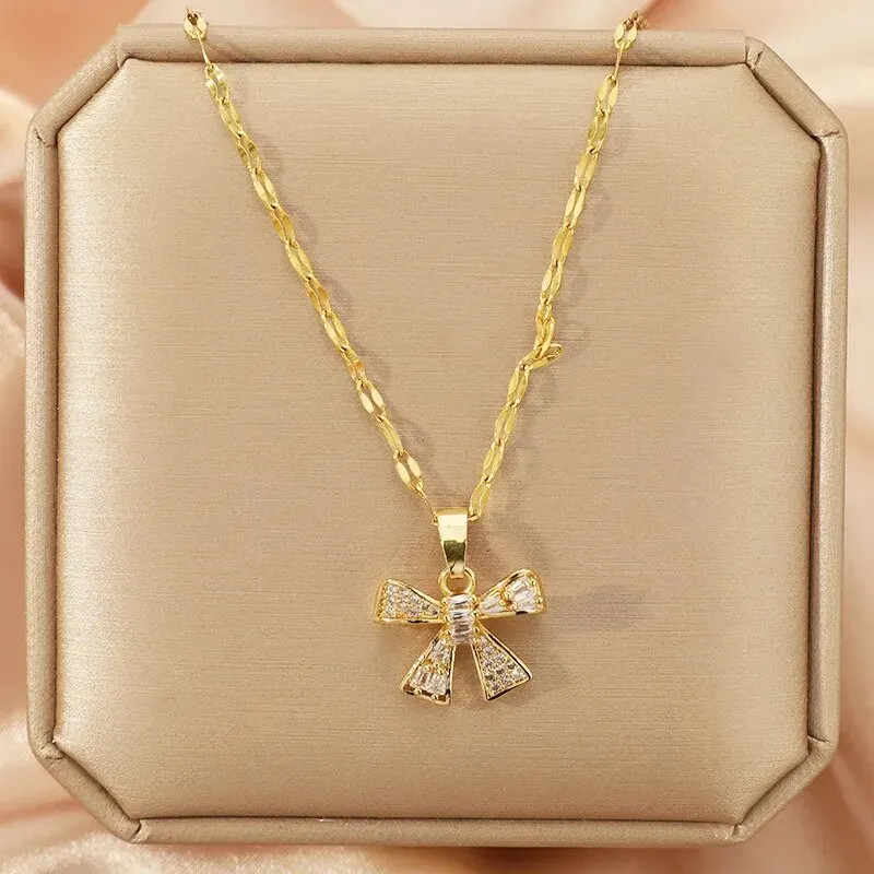 Gold Butterfly Zircon Pendant Titanium Steel Chain Simple Elegant Necklace