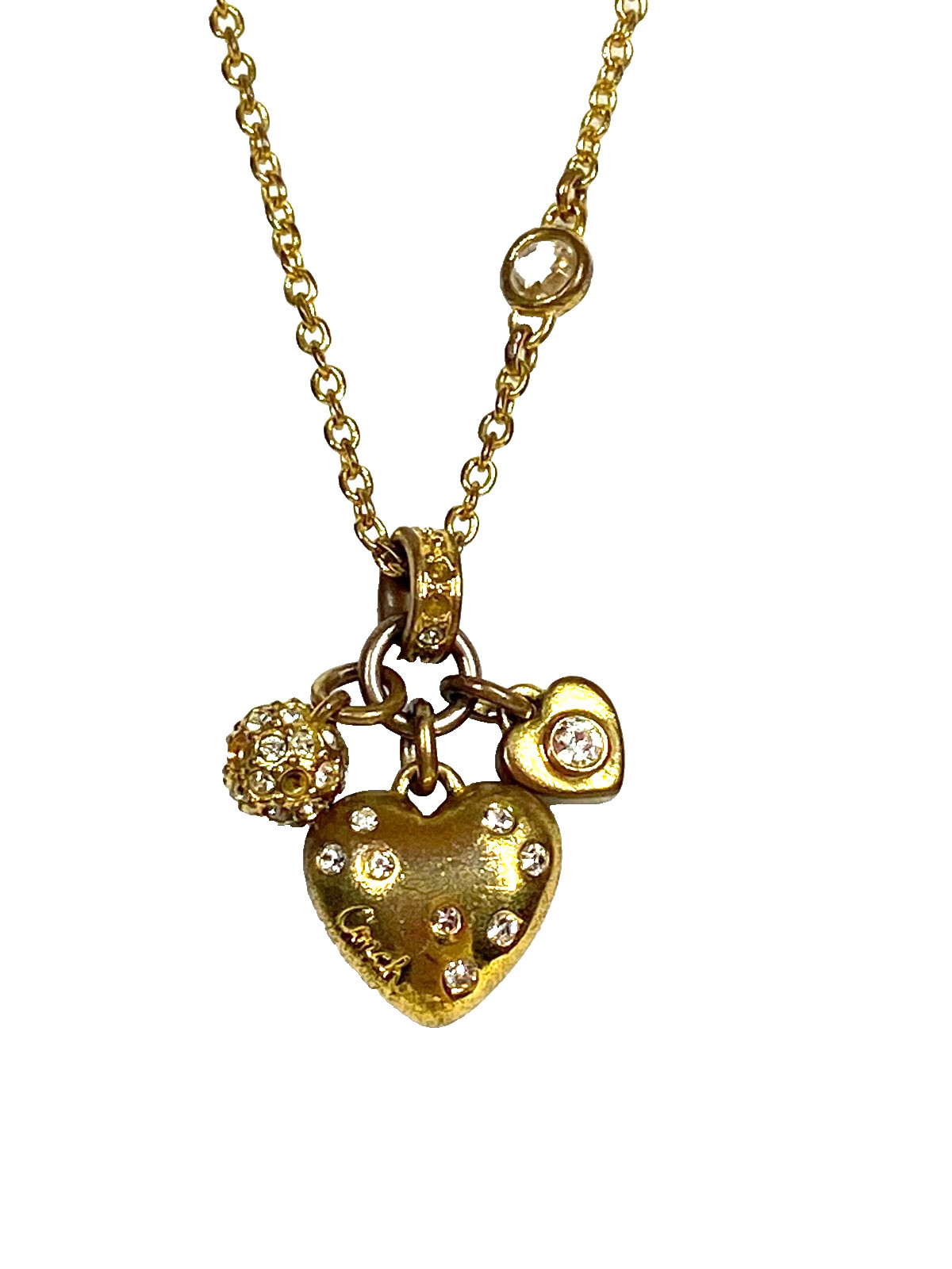 Coach Gold Tone Charm Necklace Heart With Clear Crystals Small Heart Crystal ++
