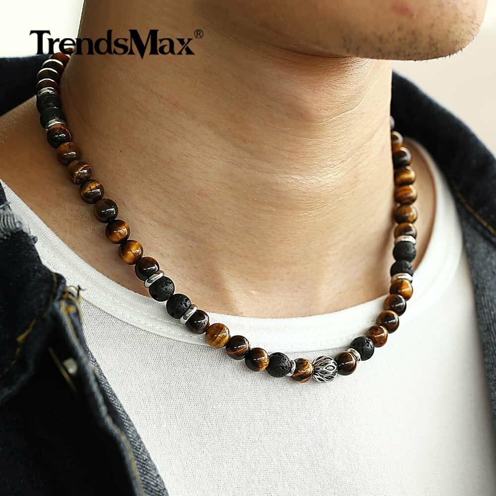 8mm Natural Tiger Eye Lava Bead Necklace Choker Stainless Steel Toggle 18/20/24″