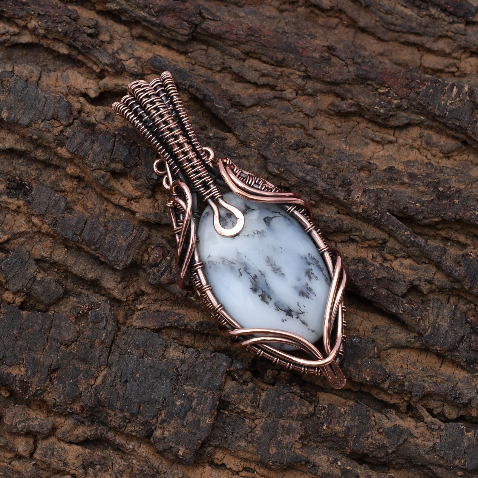 Dendrite Opal Pendant Copper Wire Wrapped Handmade Jewelry Pendant 2.15″
