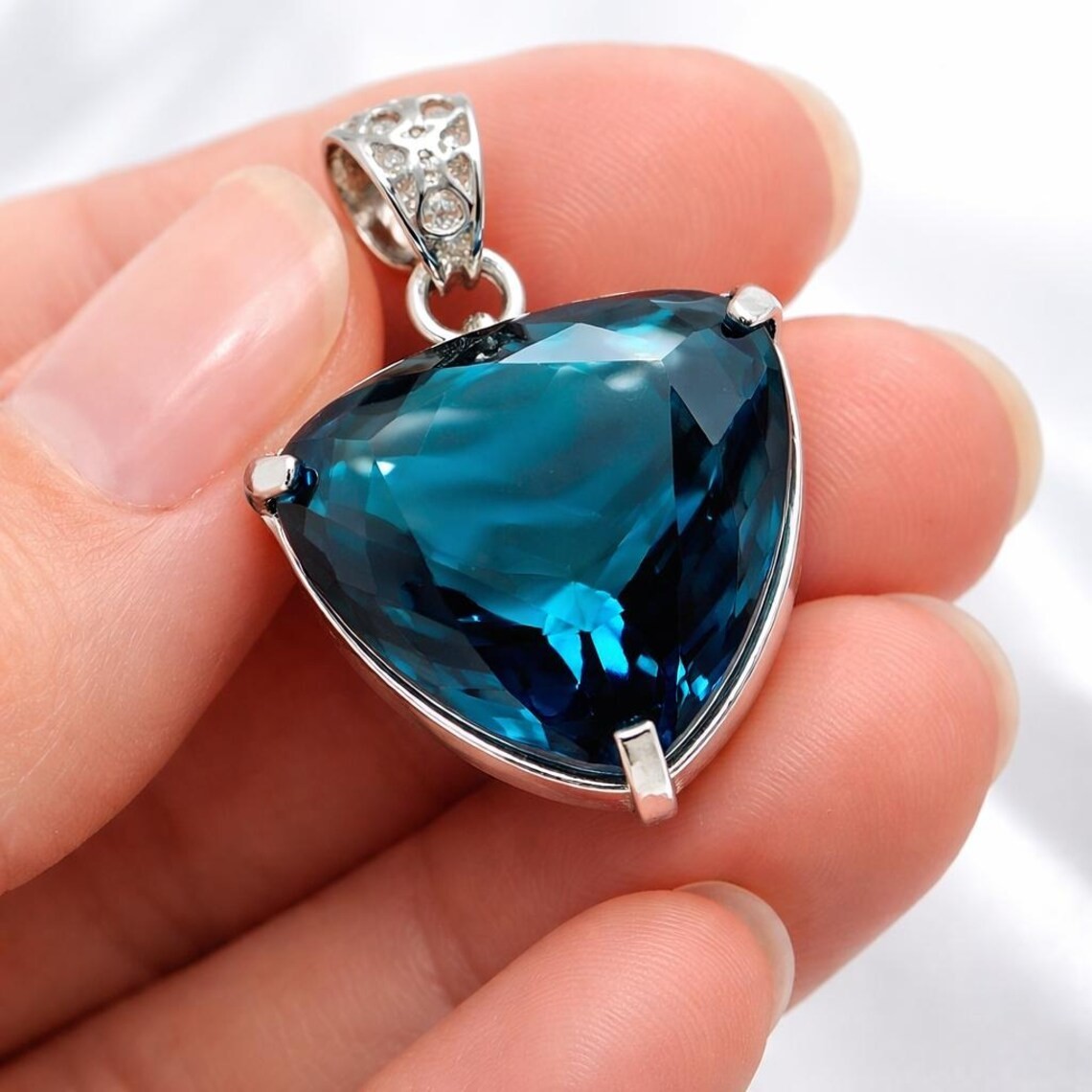 70+ Ct Green Bluish Topaz Color Glass German Silver Trillion Shape Gemstone