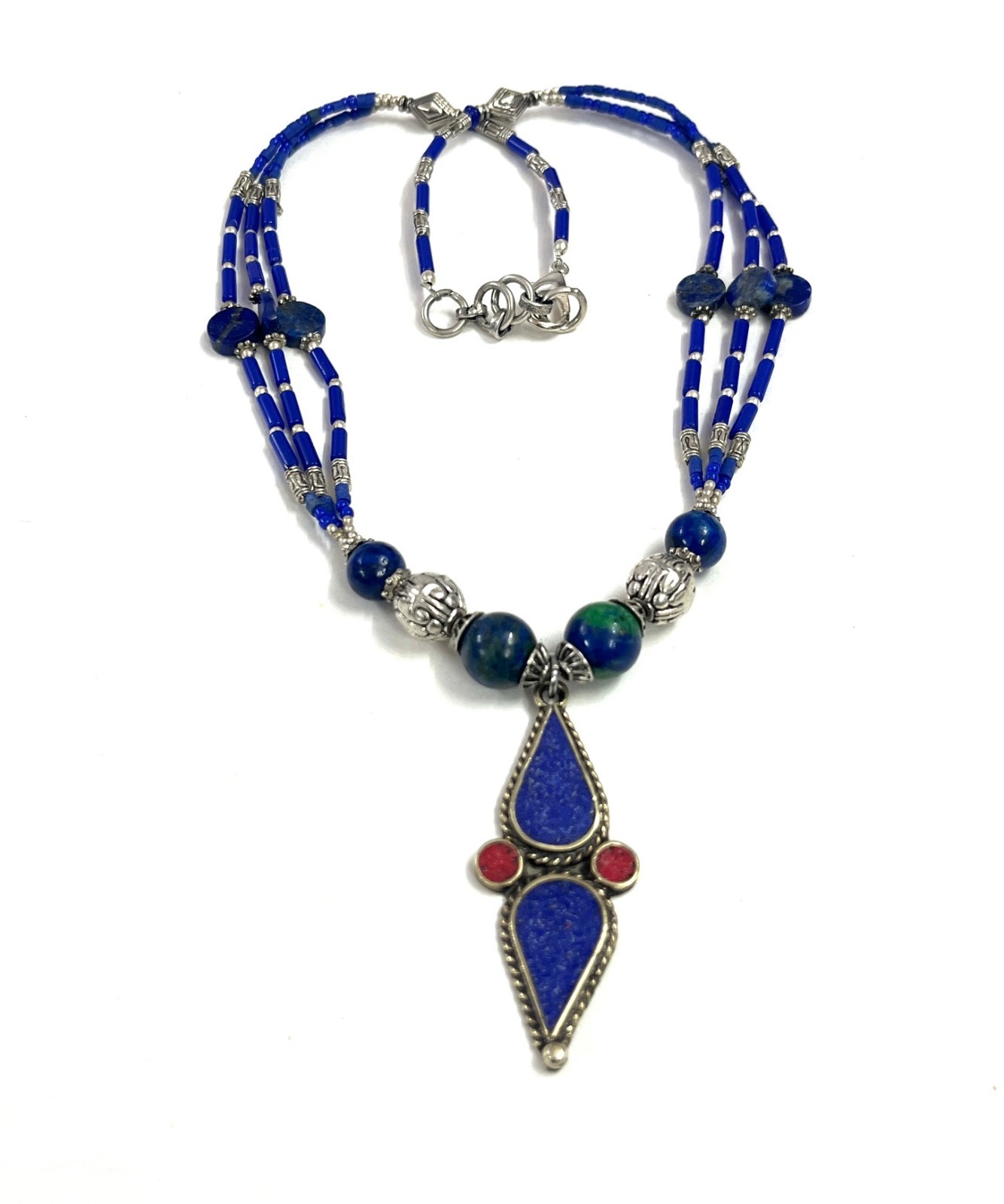 Antique Lapis Lazuli Gemstone Tibetan Bohemian Necklace Jewelry, 17 inch Adju