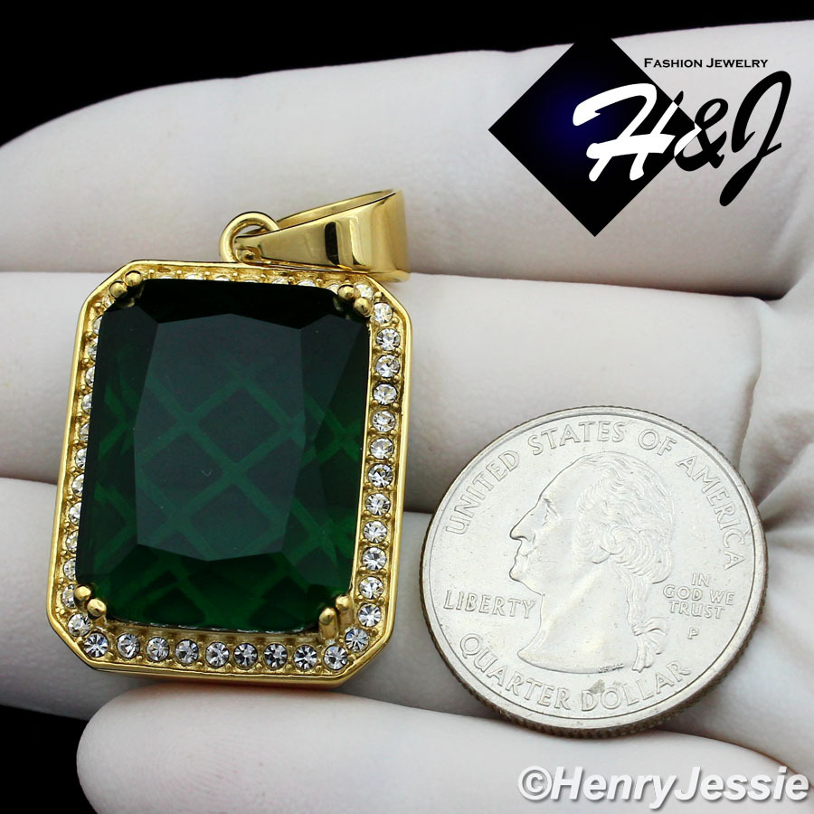MEN’s Stainless Steel Green Rhinestone Gold Plated Charm Pendant*GP103