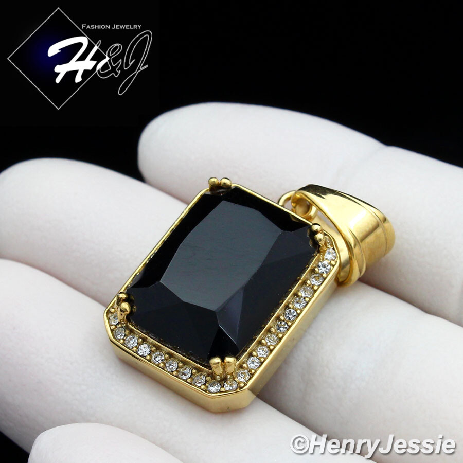 MEN’s Stainless Steel BLING Cubic Zirconia Black Onyx Gold Plated Pendant*GP98