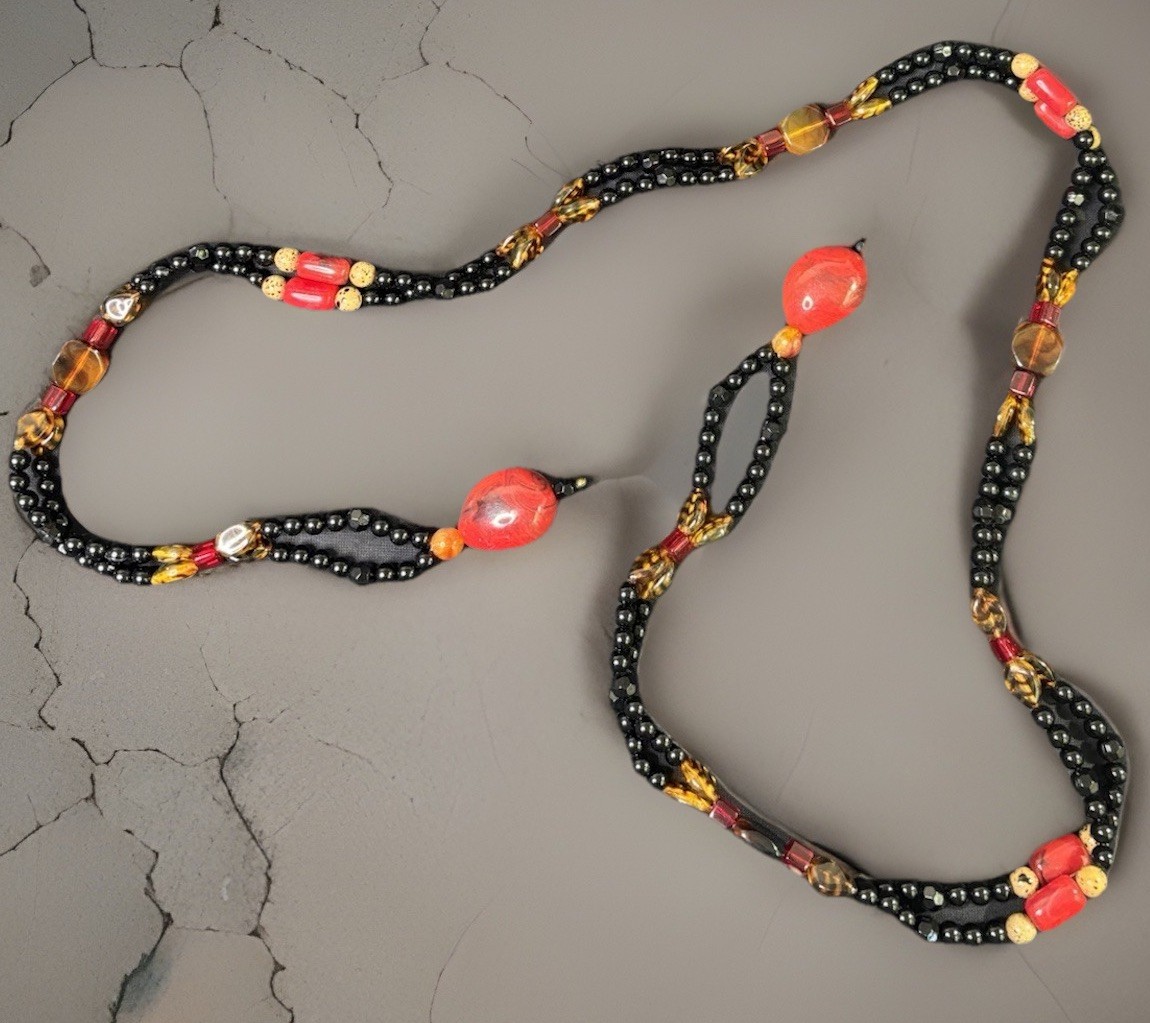 Angela Caputi 62” Tribal Style Single Strand Red, Black And Amber Bead Necklace