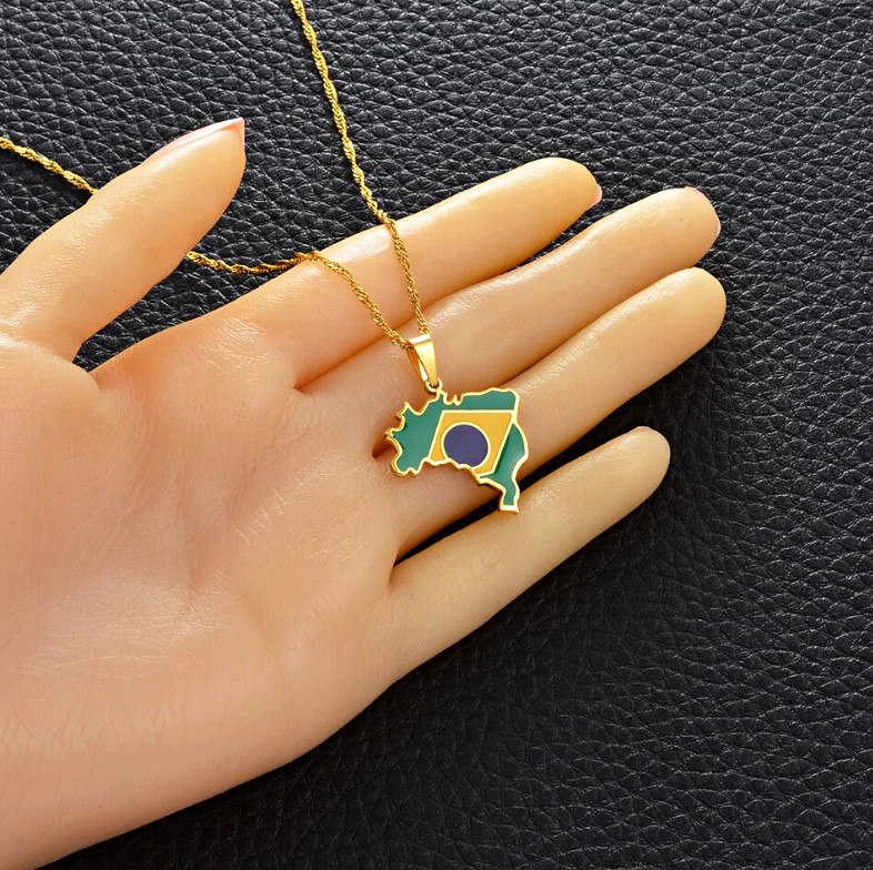 Brazil Map with flag Pendant Necklace