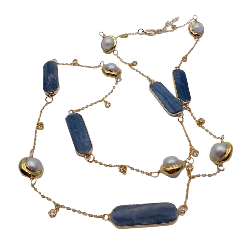 18″ Cultured White Pearl Natural Blue Kyanite Connector Chain Long Necklace