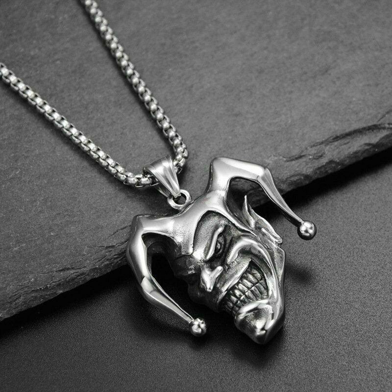 Mens Stainless Steel Punk Boys Joker Clown Pendant Necklace Jewelry Chain Gift