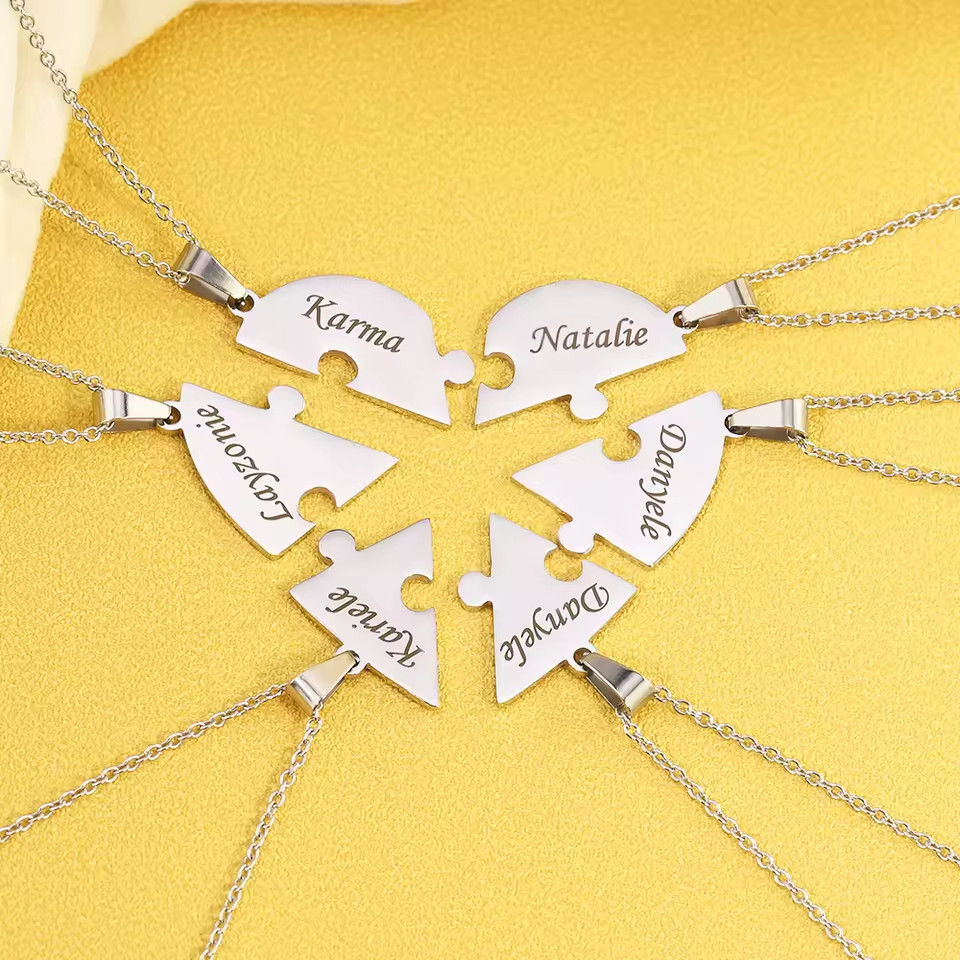 Personalized Puzzle Heart Necklace Custom Engraved BFF Family Birthday Gift Set