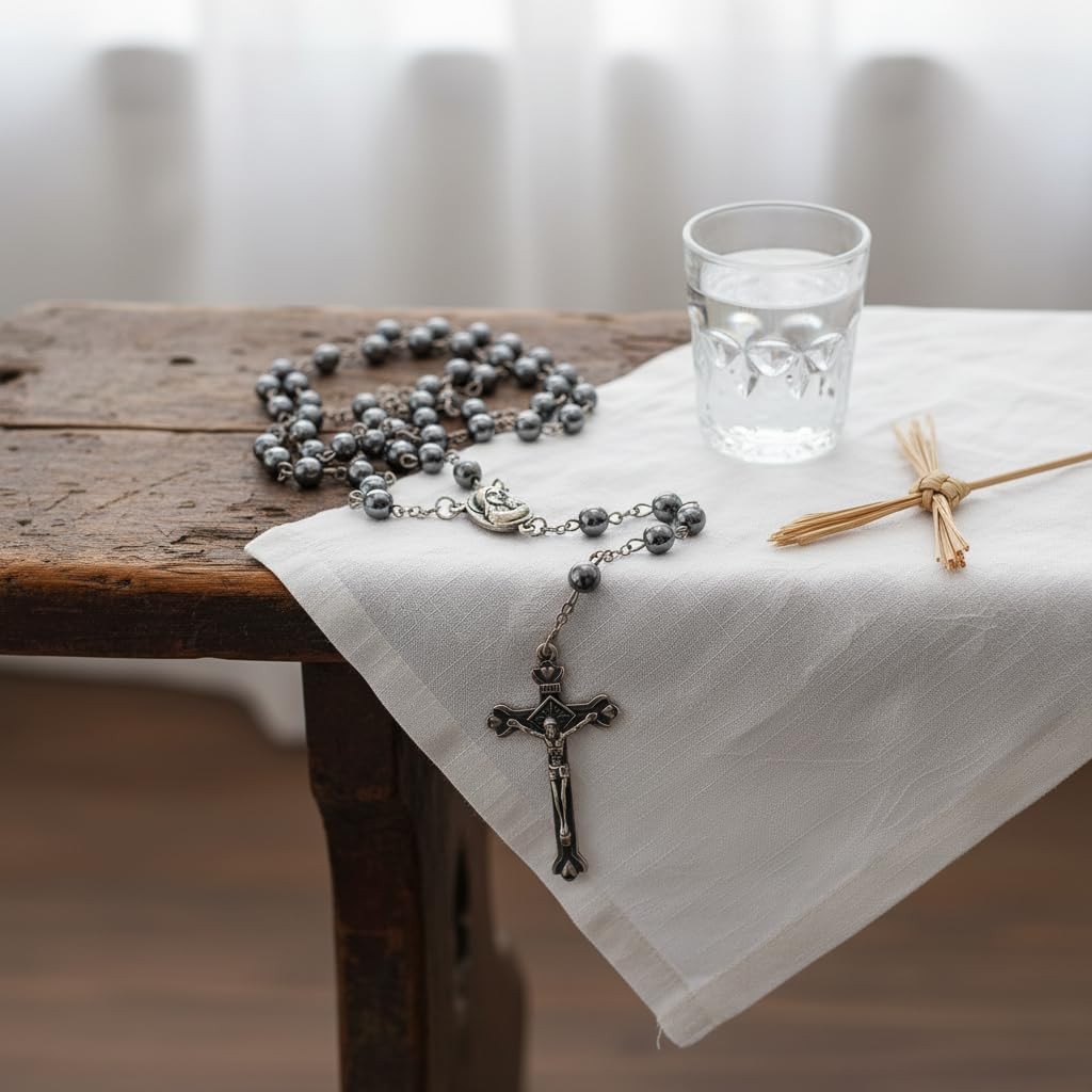 unisex-adult Hematite Rosary Black Stone Beads Necklace with Jerusalem Holy S…