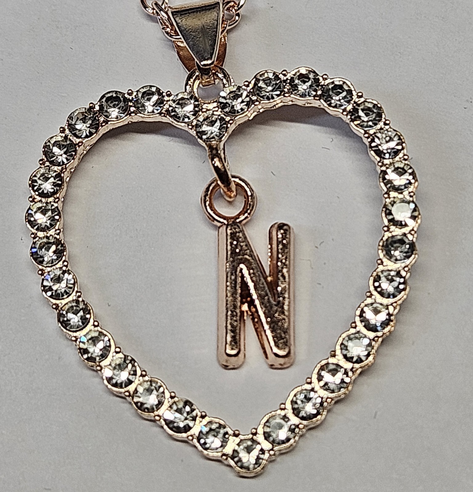 Letter Heart Necklace – Rose Gold Pendant Crystal Rhinestone Inital Charm Bling