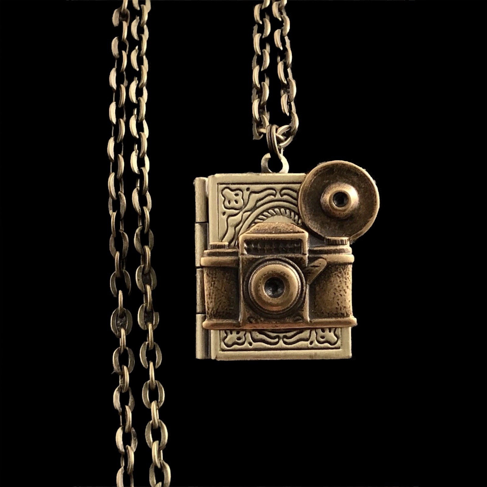Vintage Camera w/ Flash Bulb Photo Book Locket Necklace, Antique Brass