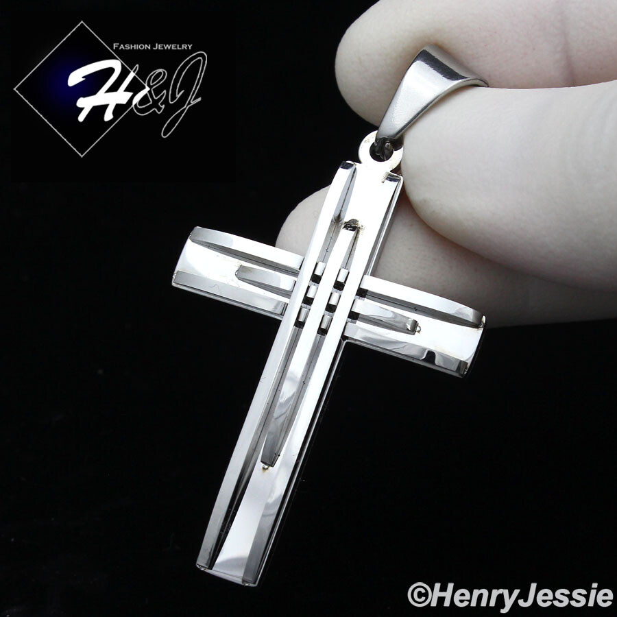 MEN’s Stainless Steel Simple Triple Line Silver Cross Charm Pendant*A125