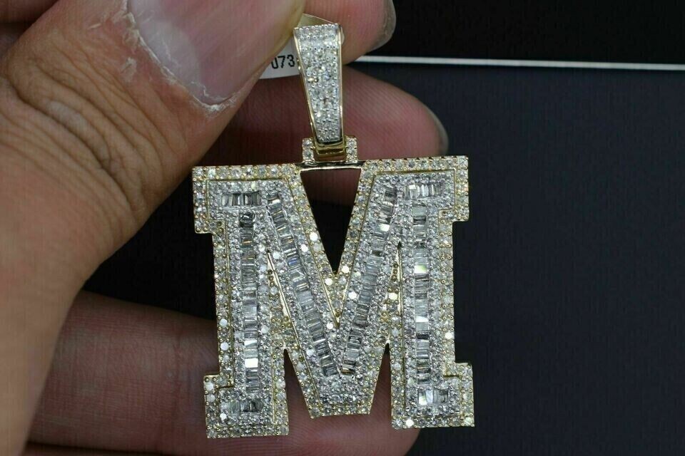 2Ct Round Cut Simulated Diamond M Initial Letter Pendant 14K Yellow Gold Plated