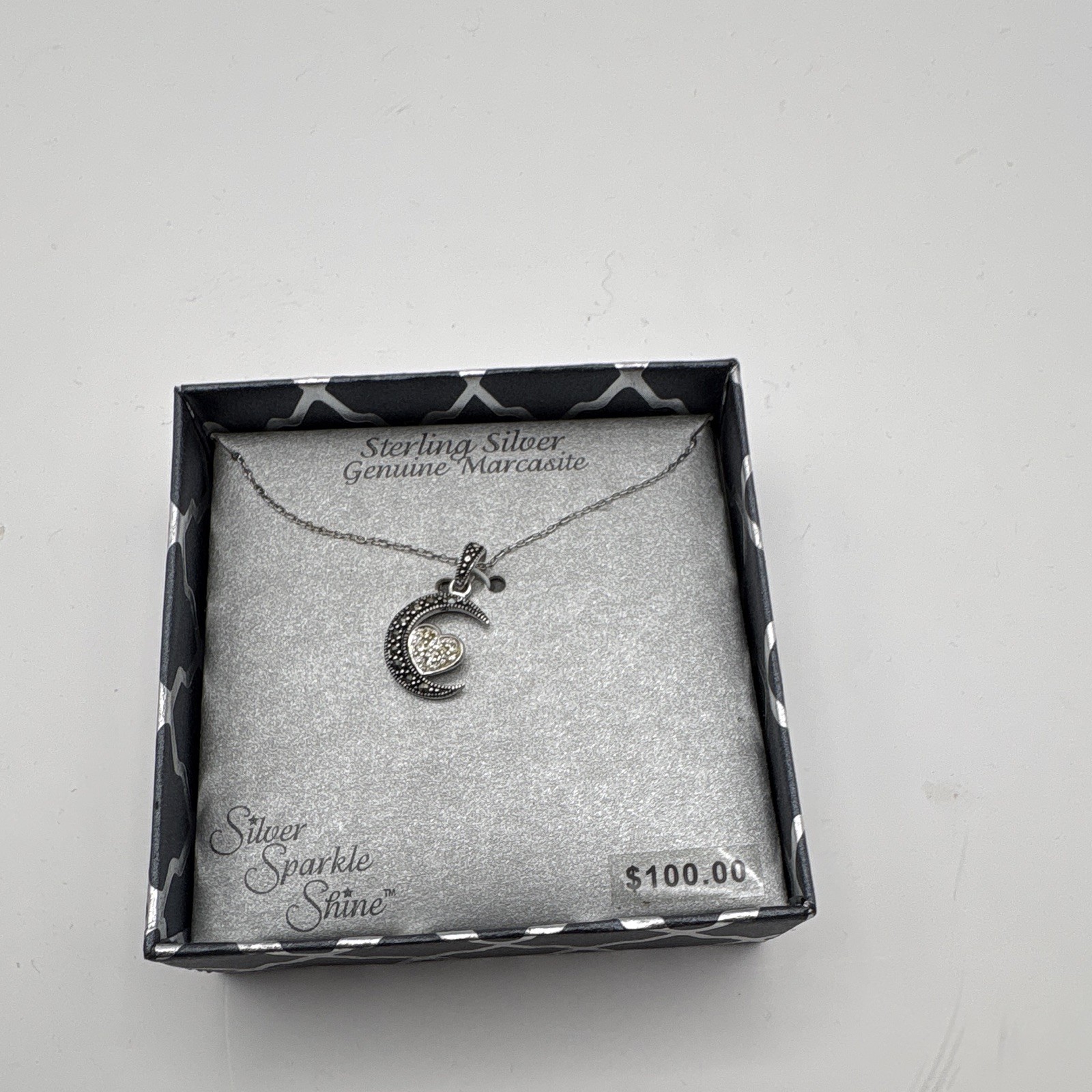 Silver Sparkle Shine 925 Silver Crescent Moon Marcasite Crystal Necklace