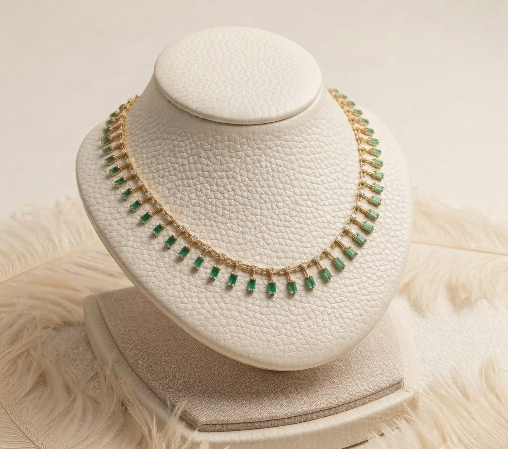 Green Emerald Tennis Necklace 925 Sterling Silver Gold Plated Statement Jewelry