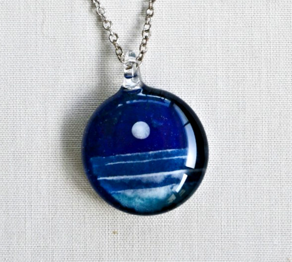 Glass Moonrise Pendant Necklace Art Lampwork Glass Beach Waves Night Scene