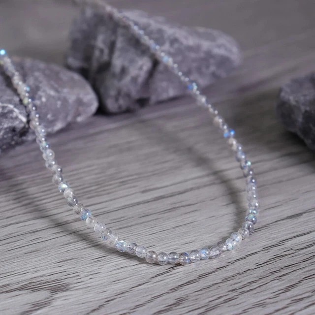 Natural Labradorite 4mm Beaded Choker Necklace Healing Reiki Dainty Women Skinny