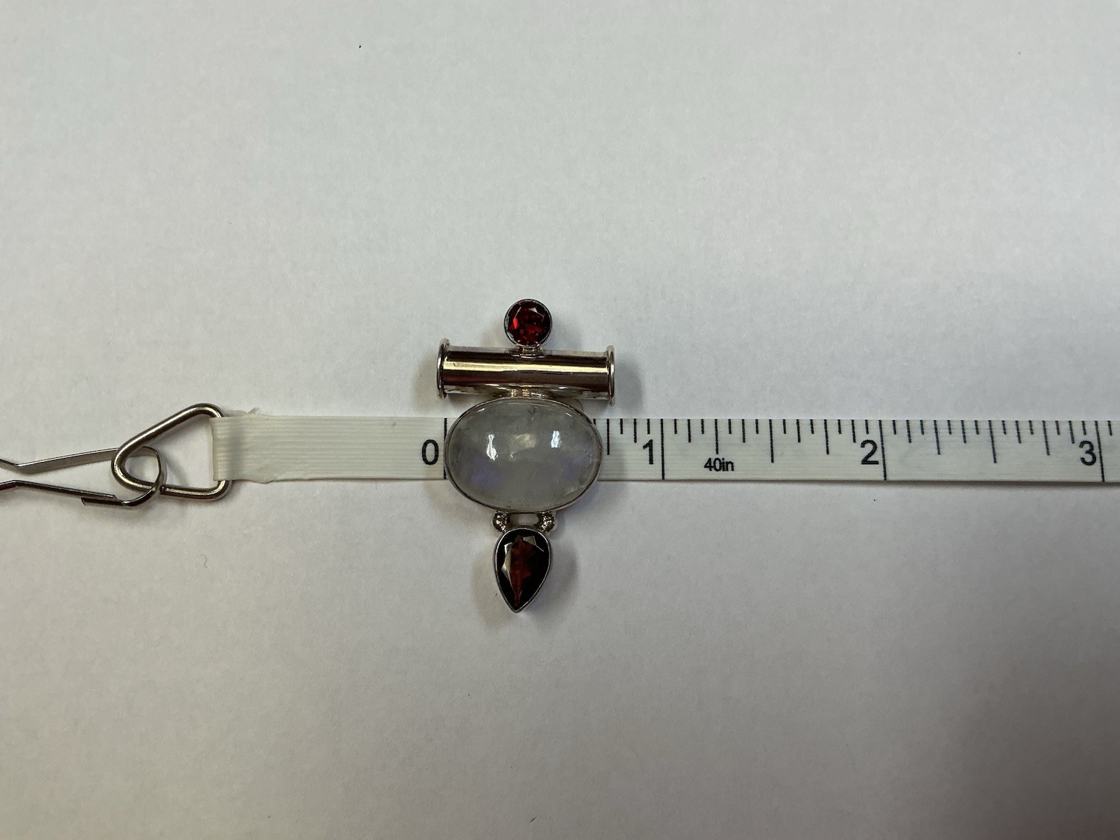 925 Sterling Silver Bar Pendant w/ Natural Gray Oval Moonstone & Garnet 6.88 G