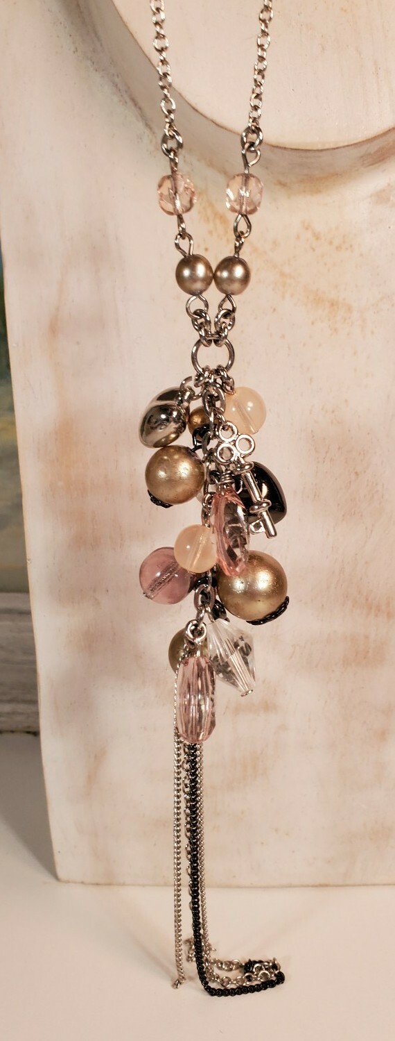 Cluster Necklace Silver Chain Pink Gold Beads 28-30″ With 7″ Drop Heart Keys